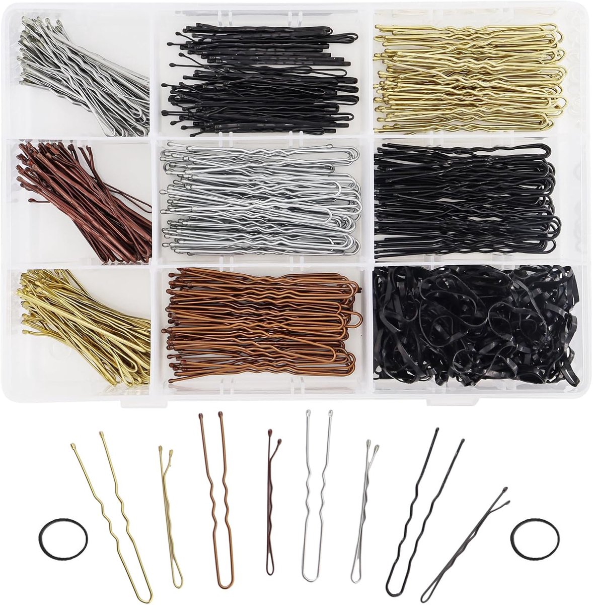 Haarspeldenset, metalen golfvorm, haarklemmen, bobby pins, U-haarklemmen, haarelastiek met opbergdoos, voor meisjes, kinderen, kappers