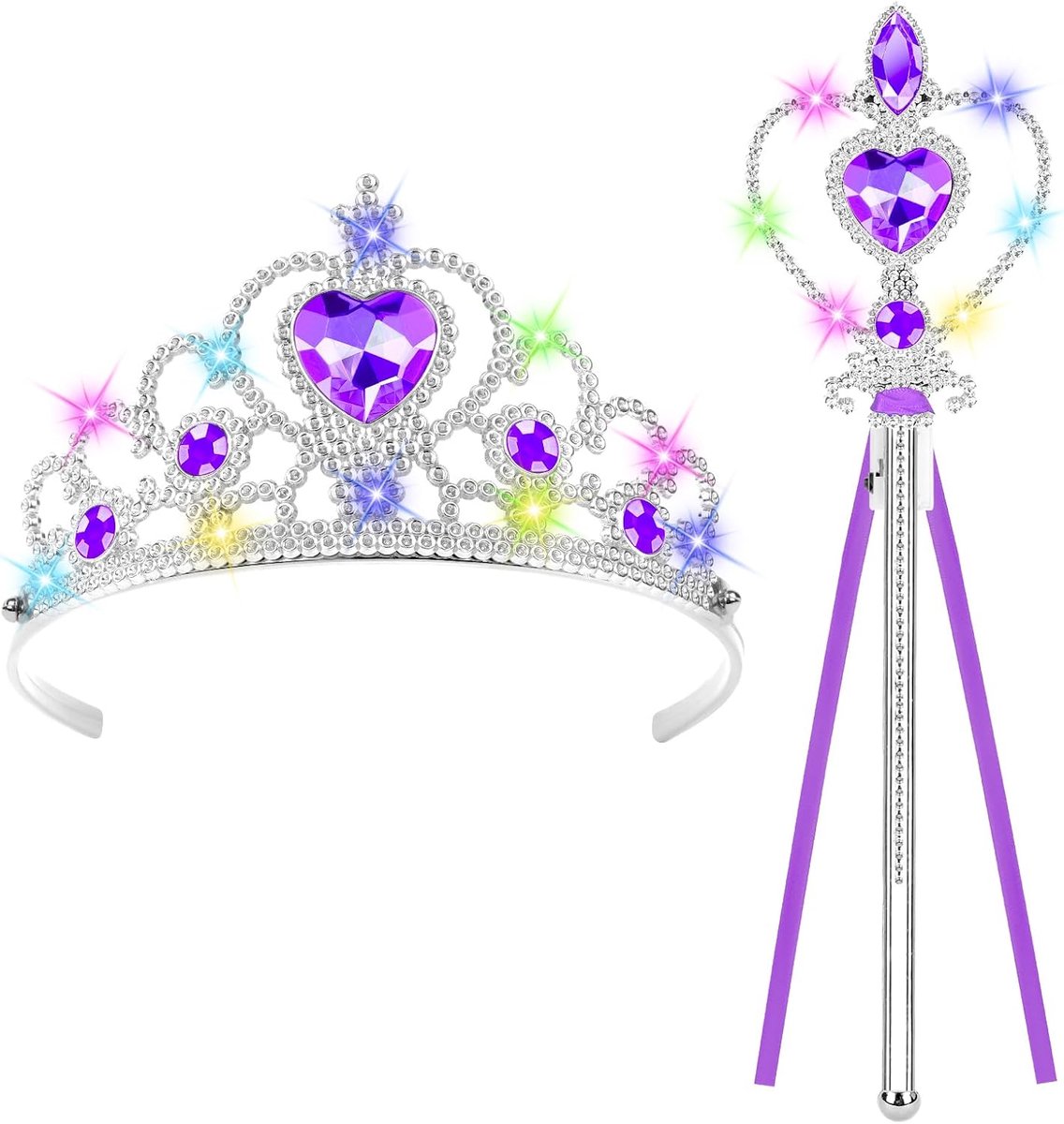 Aankleed Accessoires, Prinsessen Toverstaf Set, met Kroon en Toverstaf, LED-Licht Princess Tiara, Feeënstaf Set, voor Verjaardag, Feest, Cosplay, Halloween