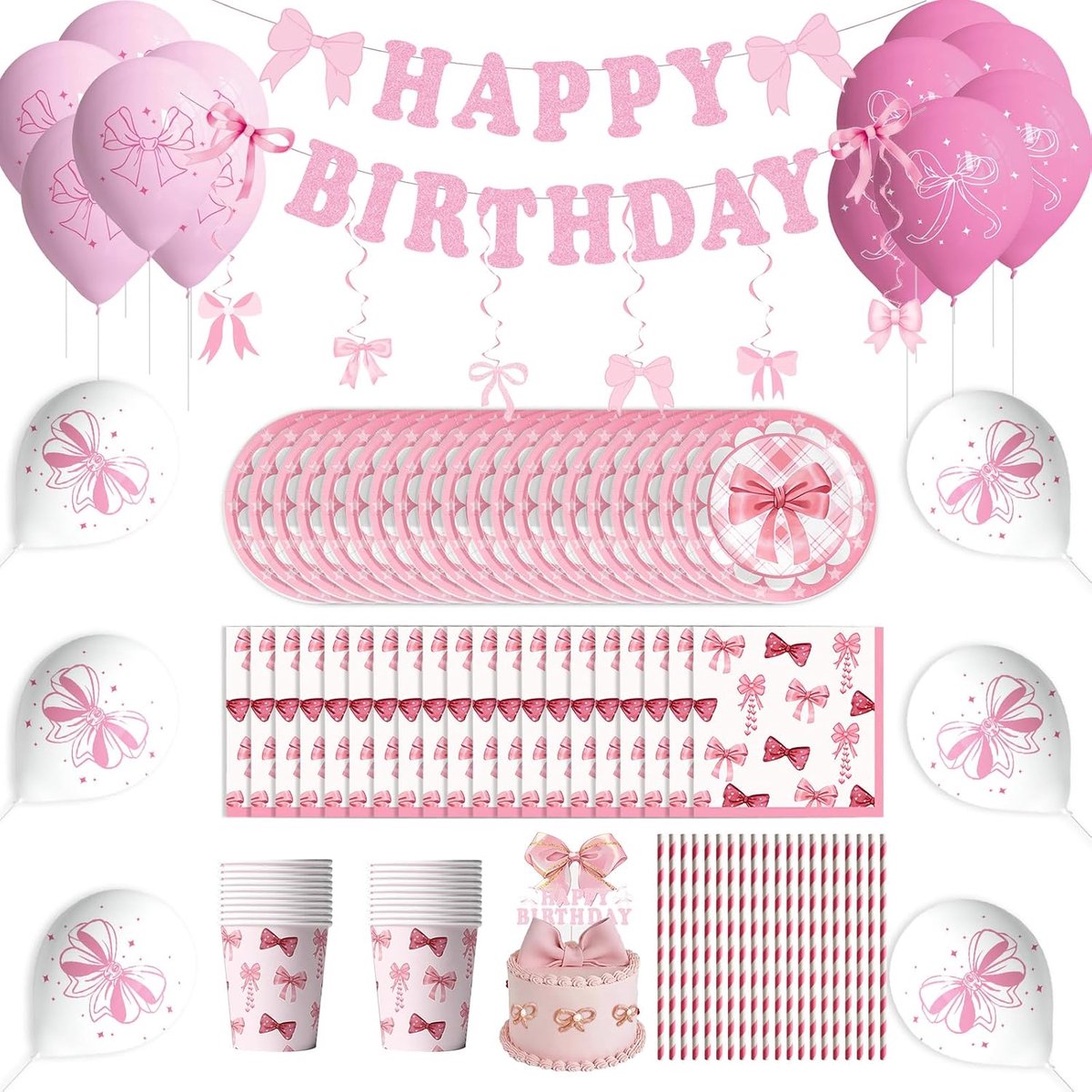 verjaardagsdecoratie met partyservies, Pink Bow, partyserviesset met