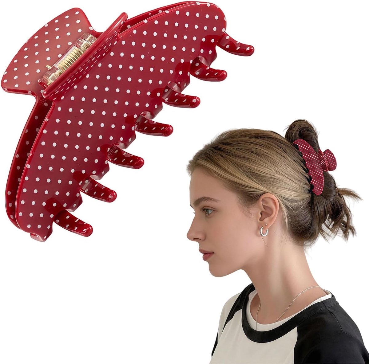 Acetat-Haarklammer (10 cm) mit rotem Punkte-Muster – Rutschfeste Claw Clip voor dames, ideaal voor knot, opsteekkapsel & paardenstaart