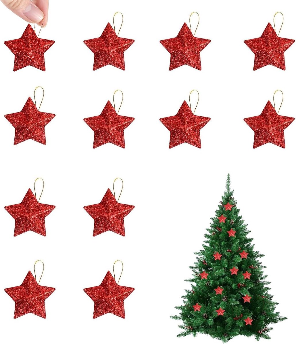 Kerstster decoratie voor de kerstboom - 12 stuks - Versiering voor een feestelijke sfeer met kerstversiering en hangers