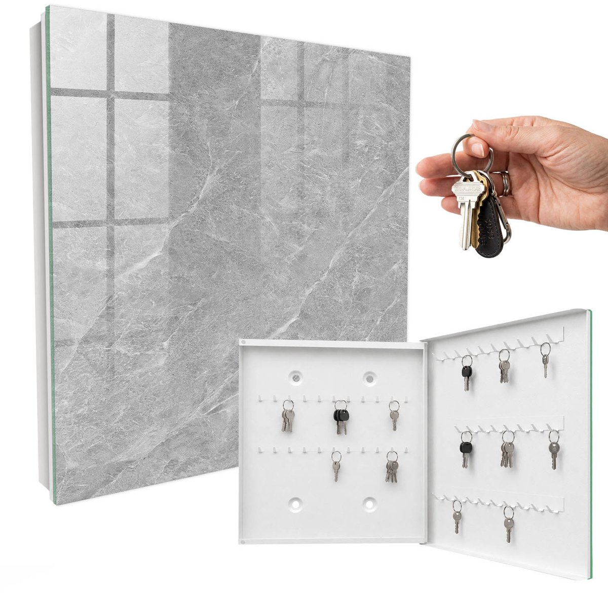WallMuralia - Sleutelkast - 30x30x5 cm - met 50 haken - Marmertextuur Sleutelkastje Klein - Grijs Sleutelbox - Rechtsopenend - Wit interieur
