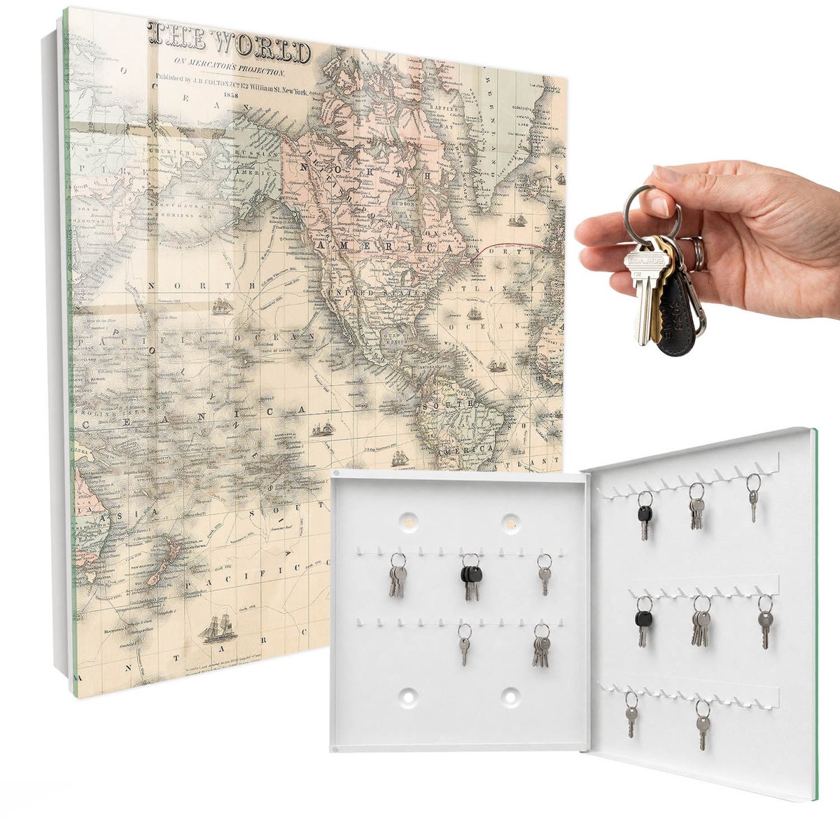 WallMuralia - Sleutelkast - 30x30x5 cm - met 50 haken - Wereldkaart Sleutelkastje Voor Binnen - Beige Sleutelbox - Rechtsopenend - Wit interieur