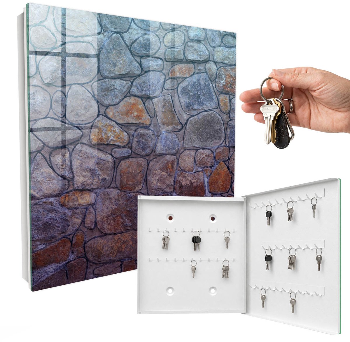 WallMuralia - Sleutelkast - 30x30x5 cm - met 50 haken - Steenstructuur Sleutelkastje Industrieel - Grijs Sleutelbox - Rechtsopenend - Wit interieur