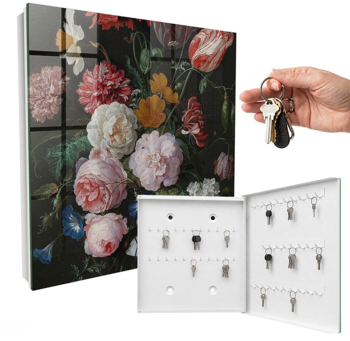 WallMuralia - Sleutelkast - 30x30x5 cm - met 50 haken - Een Boeket Bloemen Sleutelkastje Landelijk - Groente Sleutelbox - Rechtsopenend - Wit interieur