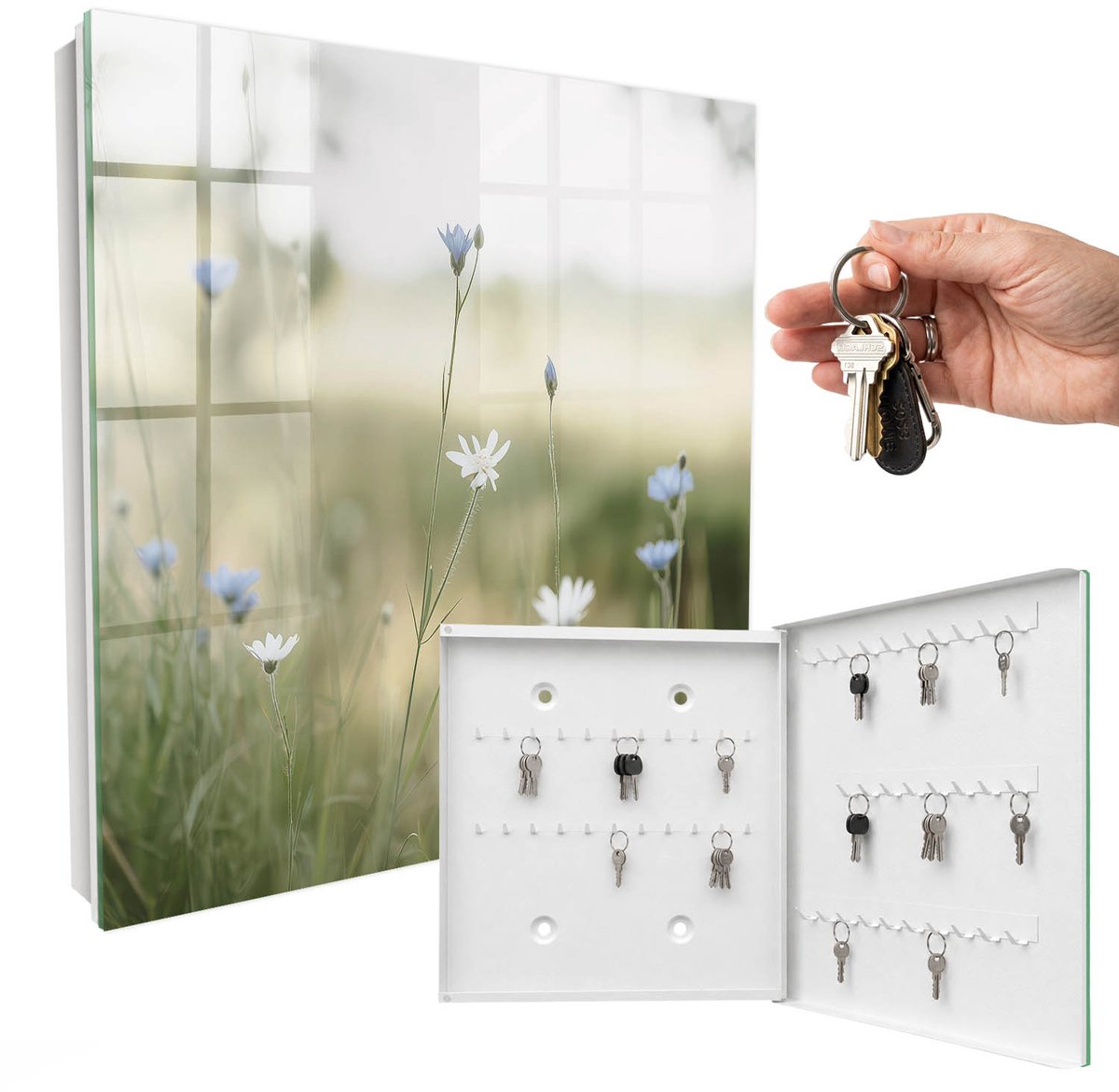 WallMuralia - Sleutelkast - 30x30x5 cm - met 50 haken - Tere Bloemen Leuk Sleutelkastje - Beige Sleutelbox - Rechtsopenend - Wit interieur