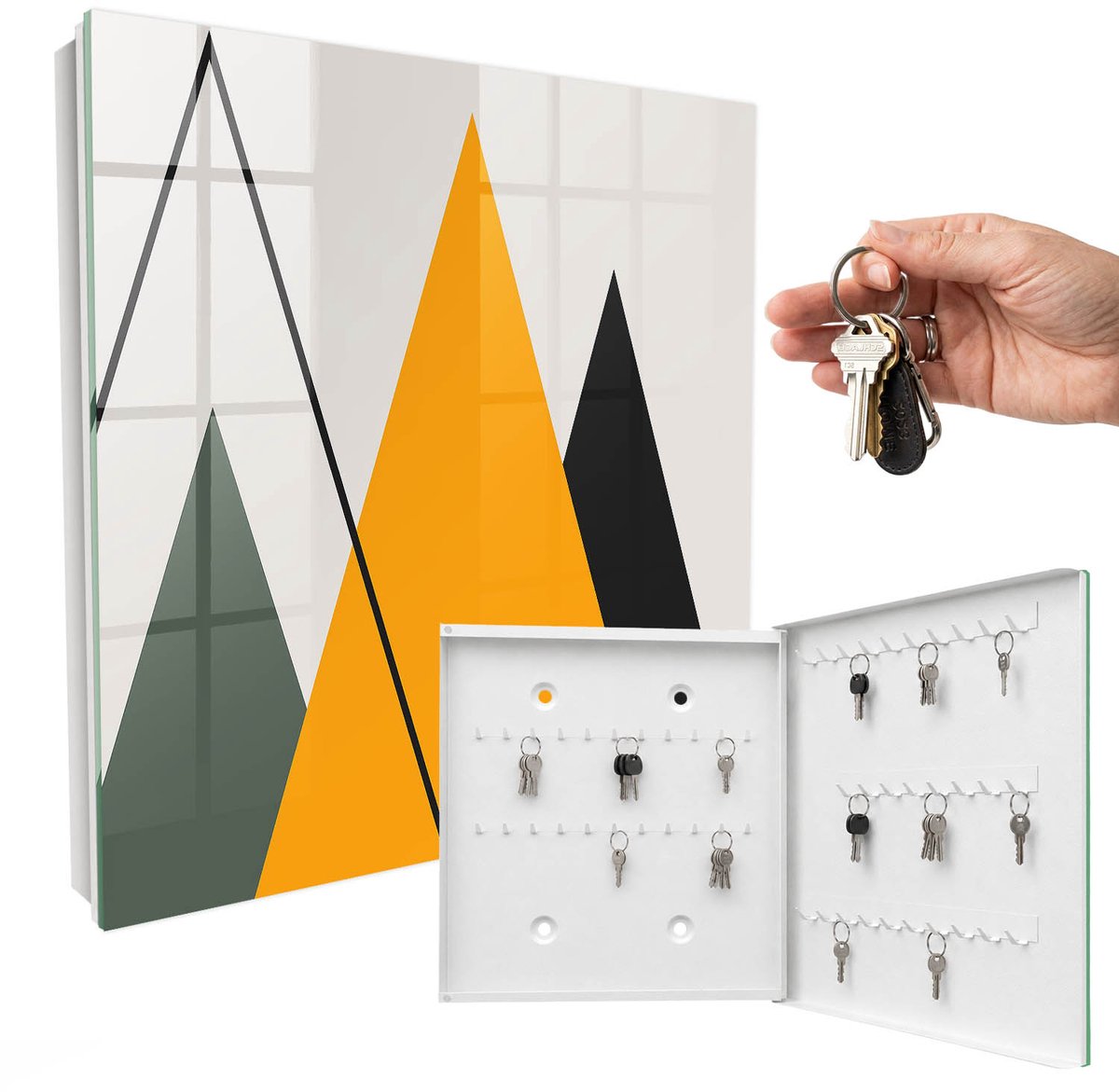 WallMuralia - Sleutelkast - 30x30x5 cm - met 50 haken - Moderne Compositie Leuk Sleutelkastje - Beige Sleutelbox - Rechtsopenend - Wit interieur