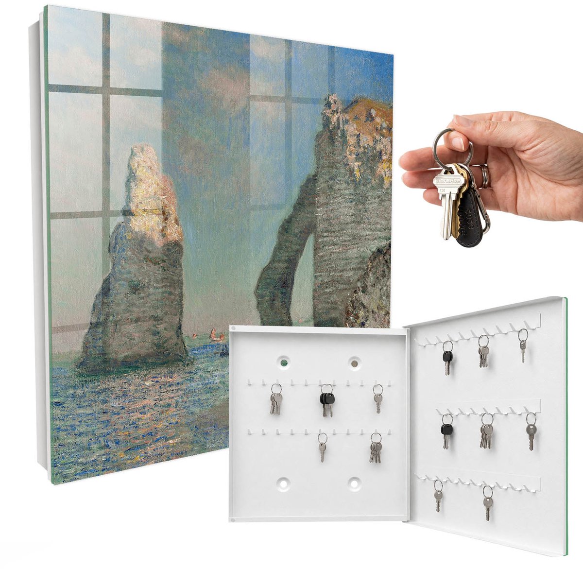 WallMuralia - Sleutelkast - 30x30x5 cm - met 50 haken - Zeekliffen Sleutelkastje Modern - Blauw Sleutelbox - Rechtsopenend - Wit interieur