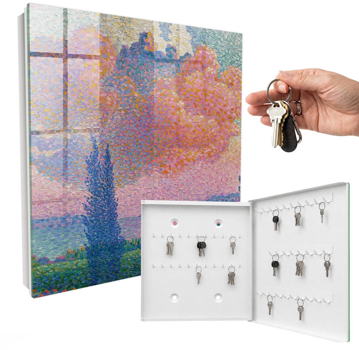 WallMuralia - Sleutelkast - 30x30x5 cm - met 50 haken - Kleurrijke Natuur Sleutelkastje Huis - Roze Sleutelbox - Rechtsopenend - Wit interieur