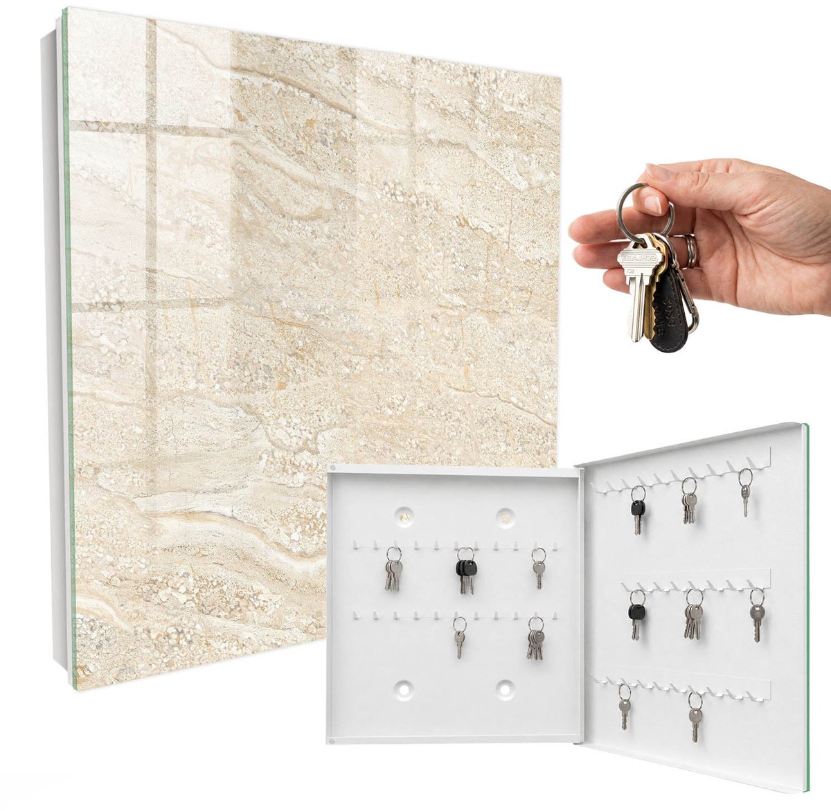 WallMuralia - Sleutelkast - 30x30x5 cm - met 50 haken - Beige Golven Leuk Sleutelkastje - Beige Sleutelbox - Rechtsopenend - Wit interieur