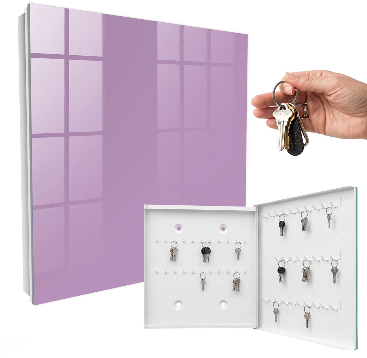 WallMuralia - Sleutelkast - 30x30x5 cm - met 50 haken - Lichtpaars Sleutelkastje Hal - Paars Sleutelbox - Rechtsopenend - Wit interieur