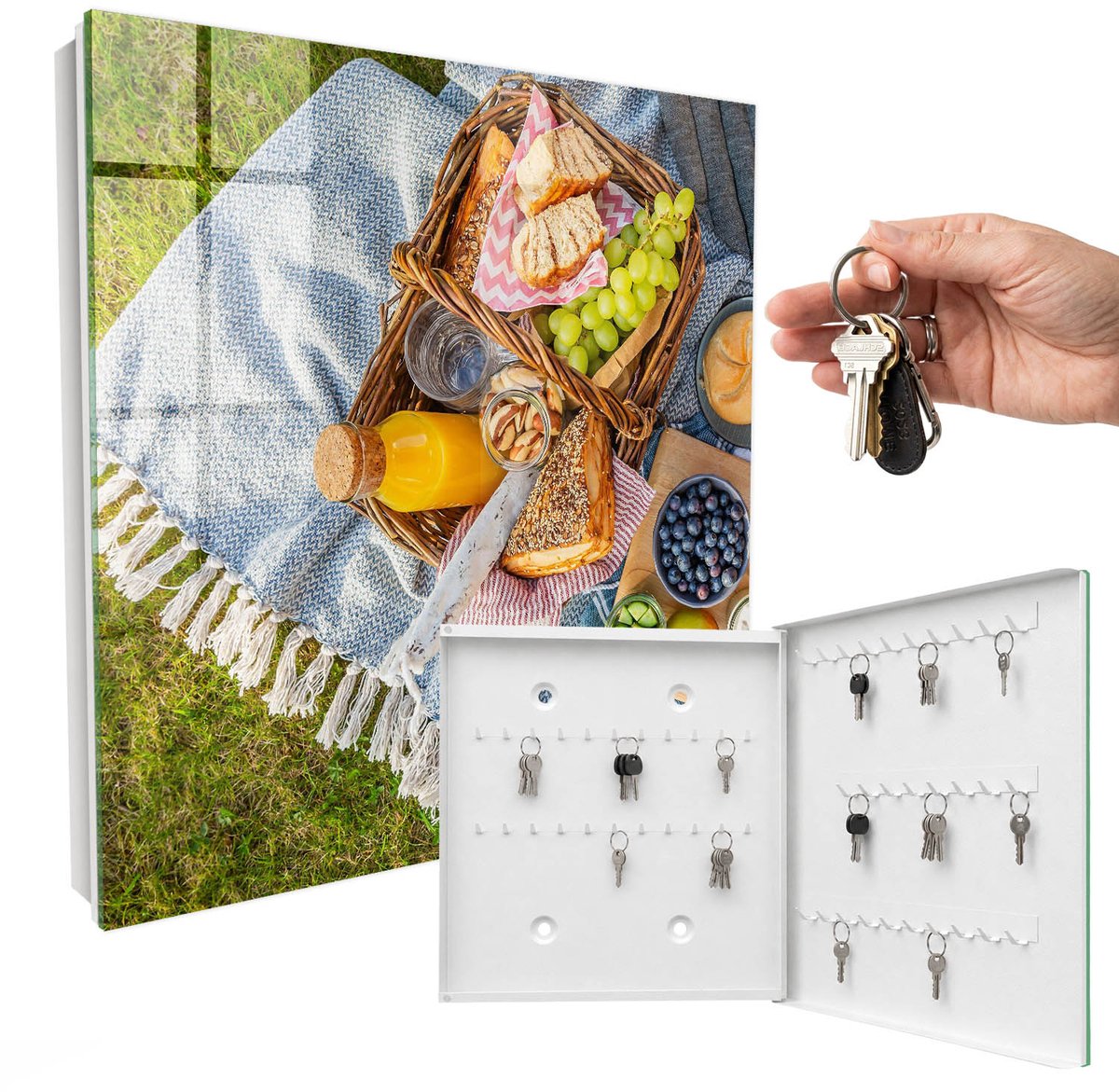 WallMuralia - Sleutelkast - 30x30x5 cm - met 50 haken - Een Idyllische Picknick Leuk Sleutelkastje - Groente Sleutelbox - Rechtsopenend - Wit interieur