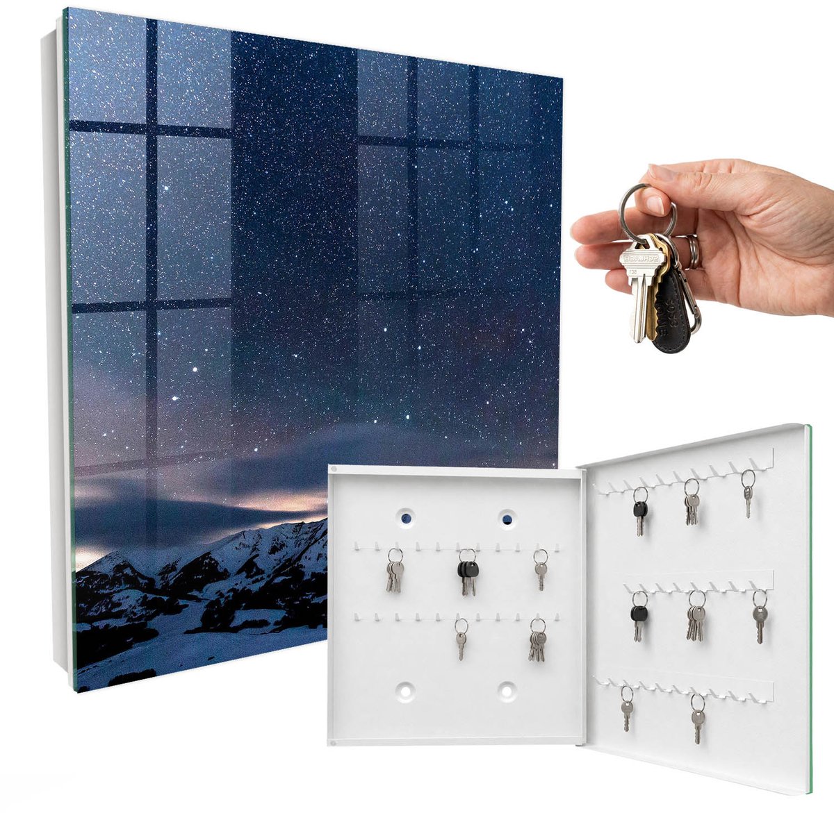 WallMuralia - Sleutelkast - 30x30x5 cm - met 50 haken - Bergnacht Leuk Sleutelkastje - Blauw Sleutelbox - Rechtsopenend - Wit interieur