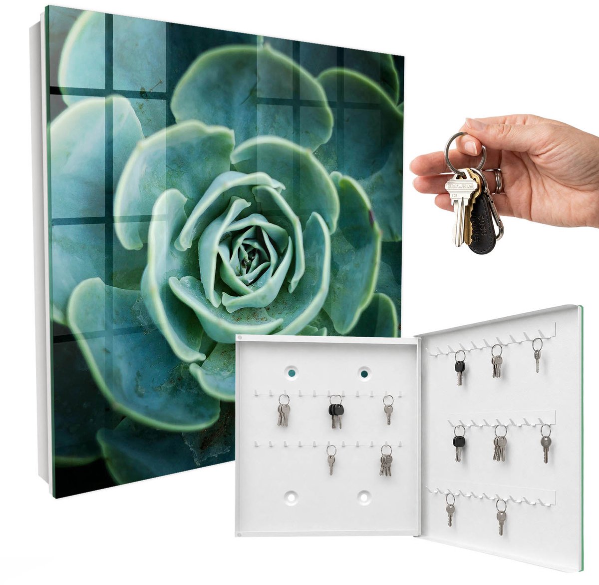 WallMuralia - Sleutelkast - 30x30x5 cm - met 50 haken - Groene Rozet Sleutelkastje Landelijk - Groente Sleutelbox - Rechtsopenend - Wit interieur