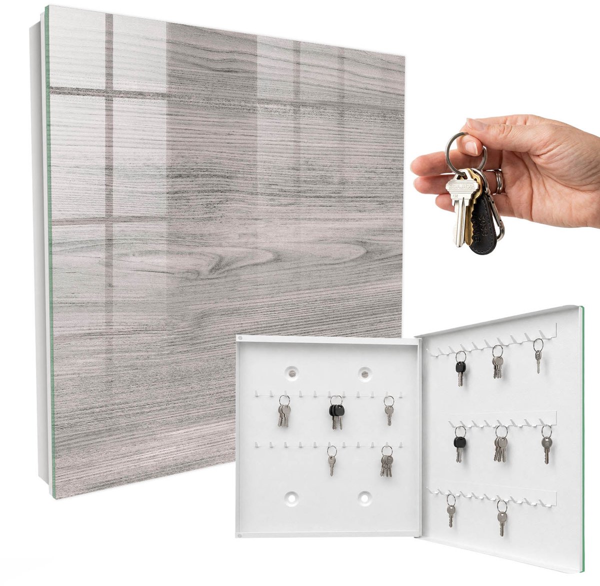 WallMuralia - Sleutelkast - 30x30x5 cm - met 50 haken - Grijs Hout Sleutelkastje Klein - Grijs Sleutelbox - Rechtsopenend - Wit interieur