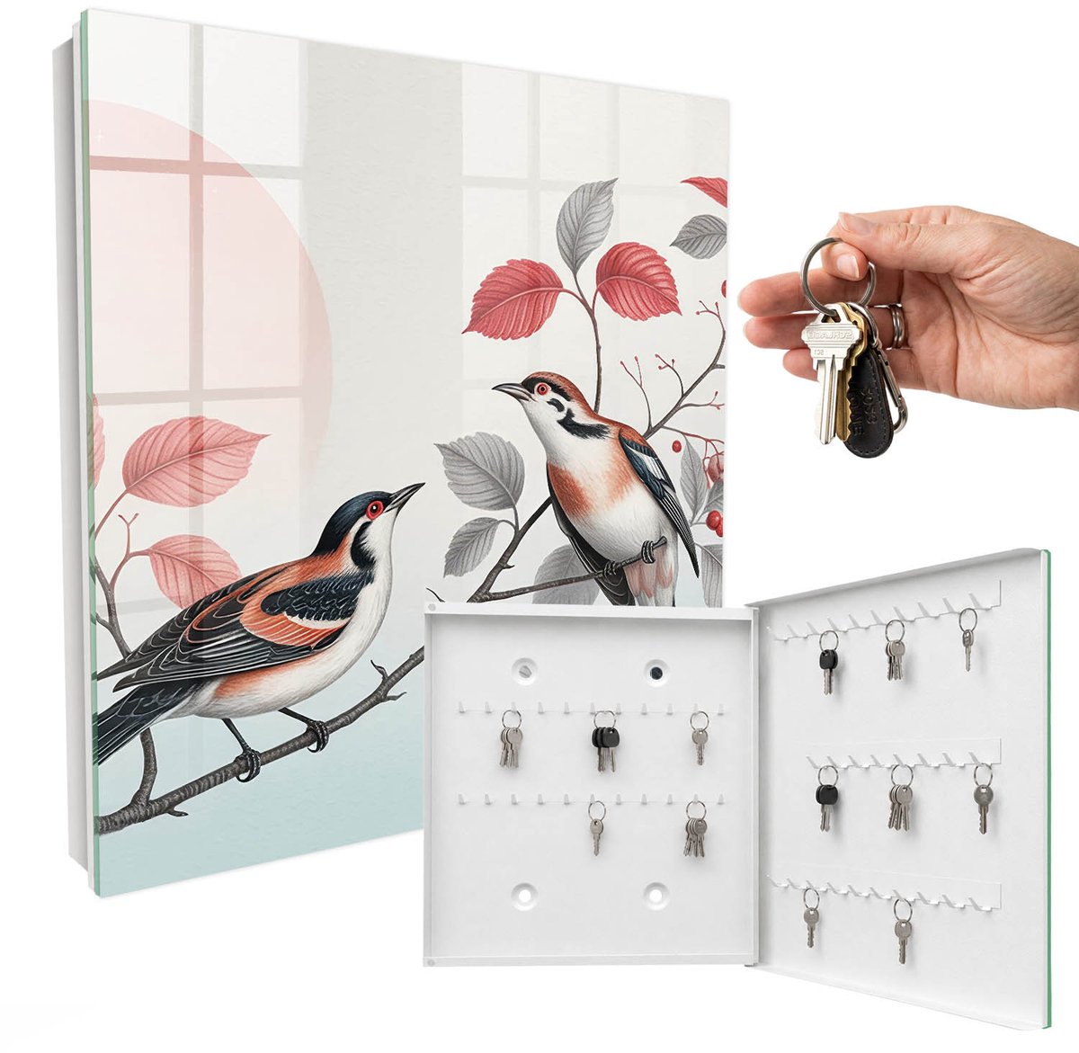WallMuralia - Sleutelkast - 30x30x5 cm - met 50 haken - Vogels Natuur Design Sleutelkastje - Rood Sleutelbox - Rechtsopenend - Wit interieur