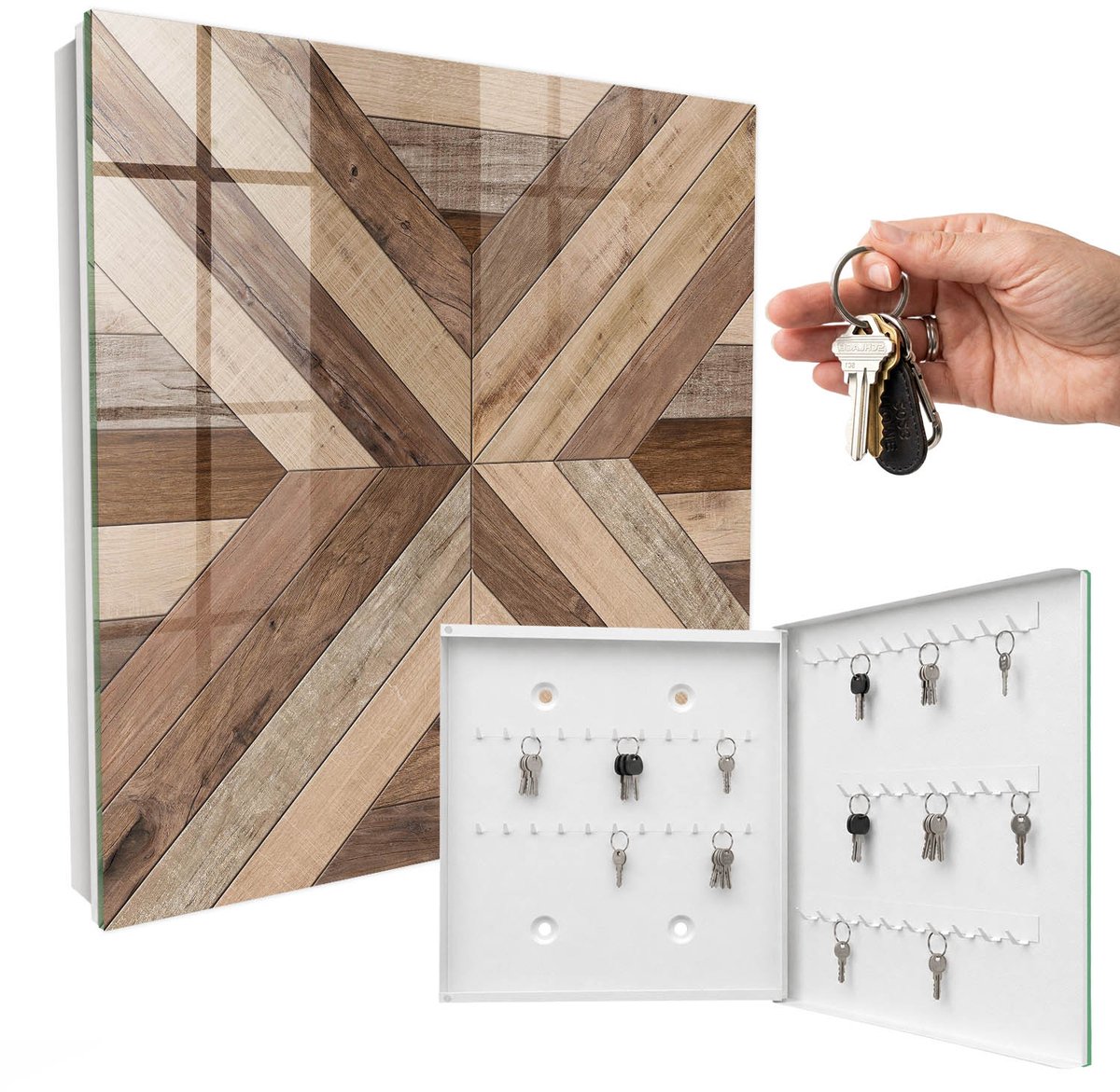 WallMuralia - Sleutelkast - 30x30x5 cm - met 50 haken - Houten Geometrie Sleutelkastje Design - Bruin Sleutelbox - Rechtsopenend - Wit interieur