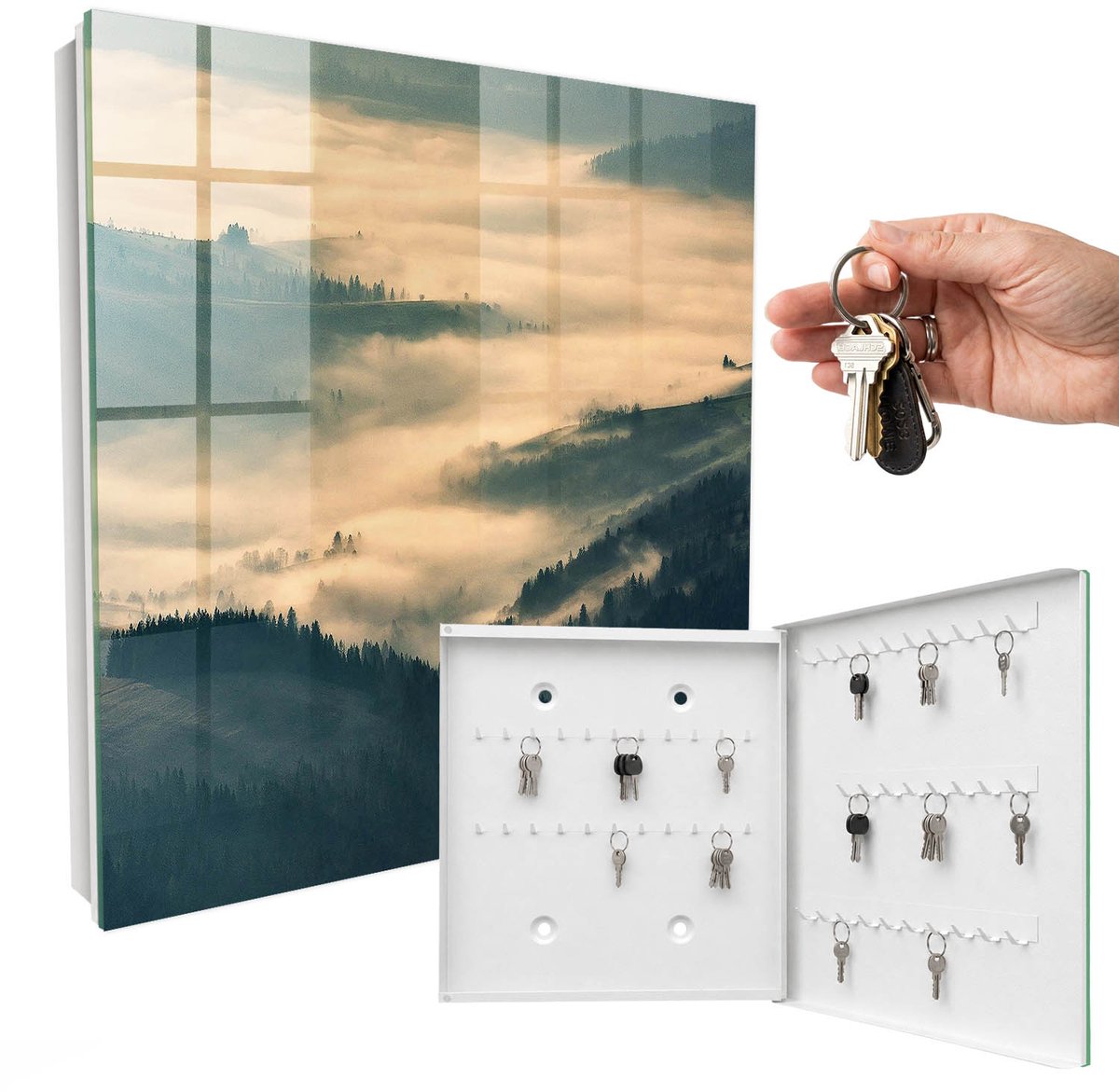 WallMuralia - Sleutelkast - 30x30x5 cm - met 50 haken - Mistige Heuvels Sleutelkastje Voor Binnen - Grijs Sleutelbox - Rechtsopenend - Wit interieur