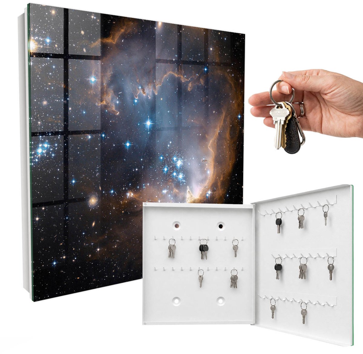 WallMuralia - Sleutelkast - 30x30x5 cm - met 50 haken - Sterrennevel Sleutelkastje Binnen - Zwart Sleutelbox - Rechtsopenend - Wit interieur