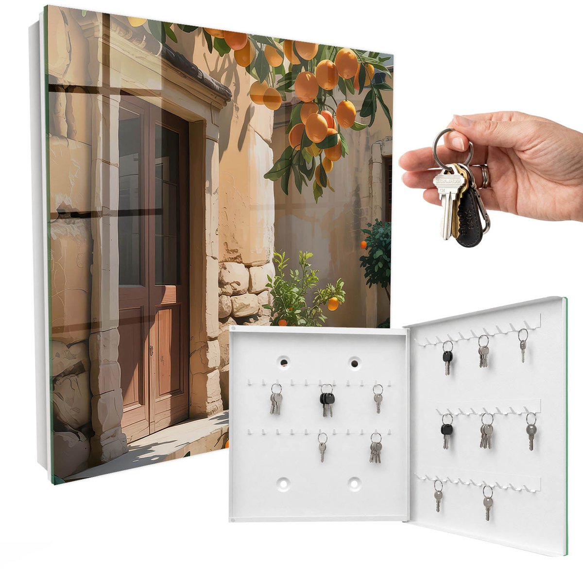 WallMuralia - Sleutelkast - 30x30x5 cm - met 50 haken - Oranje Toevluchtsoord Sleutelkastje Gang - Oranje Sleutelbox - Rechtsopenend - Wit interieur