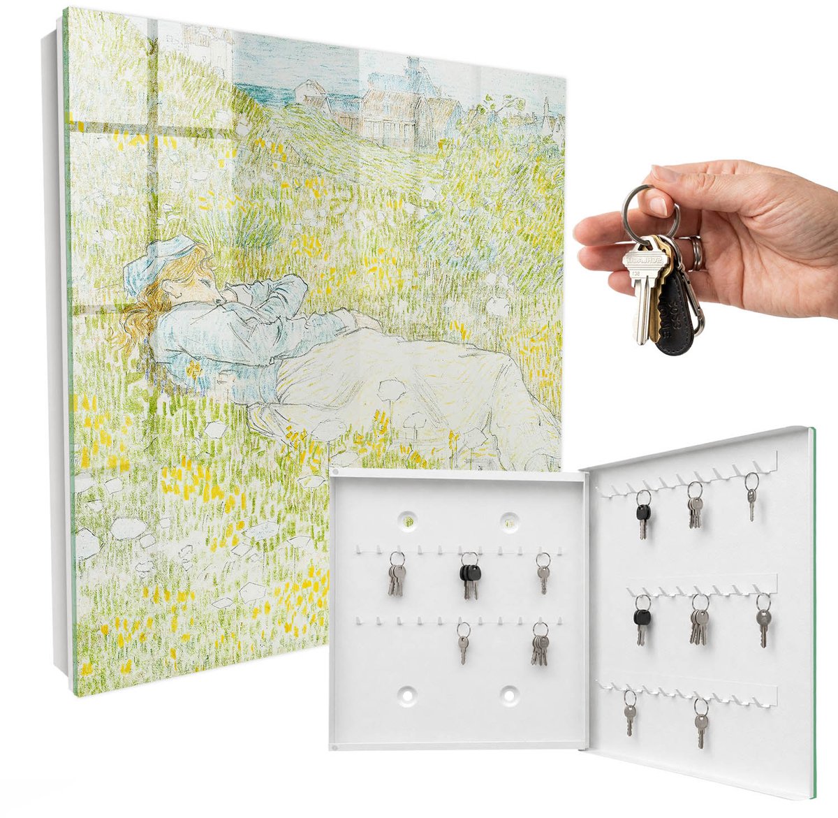 WallMuralia - Sleutelkast - 30x30x5 cm - met 50 haken - Idyllische Rust Sleutelkastje Huis - Groente Sleutelbox - Rechtsopenend - Wit interieur