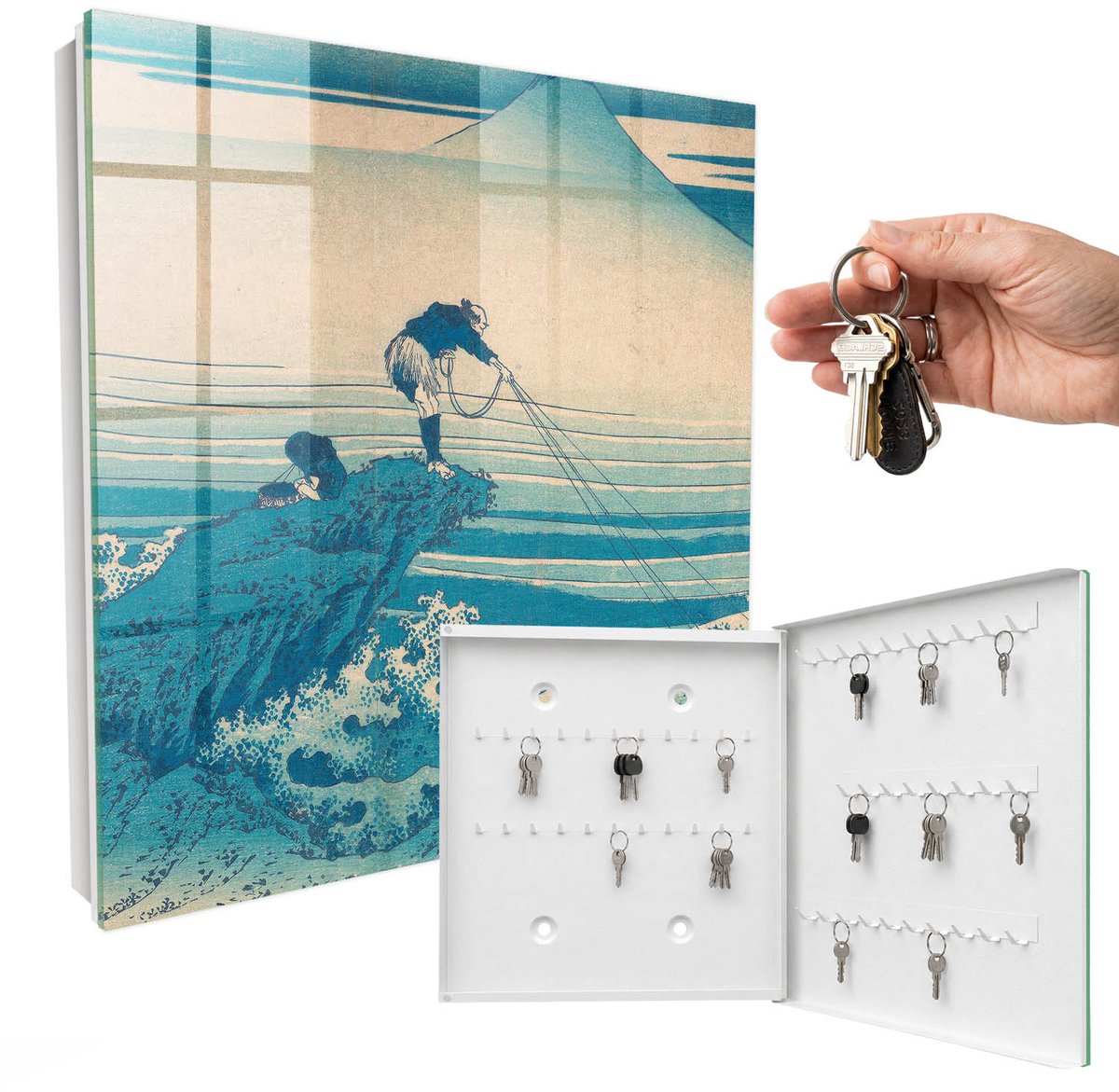 WallMuralia - Sleutelkast - 30x30x5 cm - met 50 haken - De Visser En De Golven Sleutelkastje Landelijk - Blauw Sleutelbox - Rechtsopenend - Wit interieur