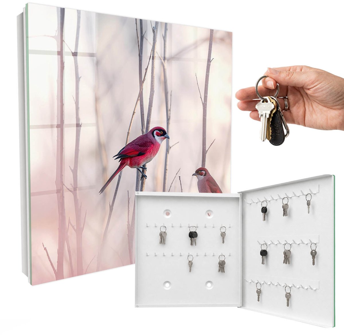 WallMuralia - Sleutelkast - 30x30x5 cm - met 50 haken - Twee Vogels Sleutelkastje Hal - Rood Sleutelbox - Rechtsopenend - Wit interieur
