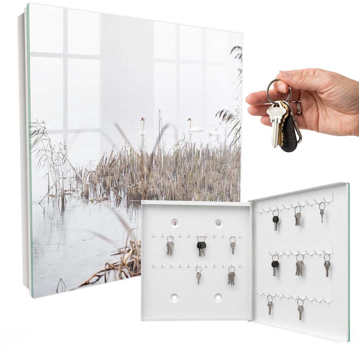 WallMuralia - Sleutelkast - 30x30x5 cm - met 50 haken - Mistige Kalmte Sleutelkastje Huis - Wit Sleutelbox - Rechtsopenend - Wit interieur