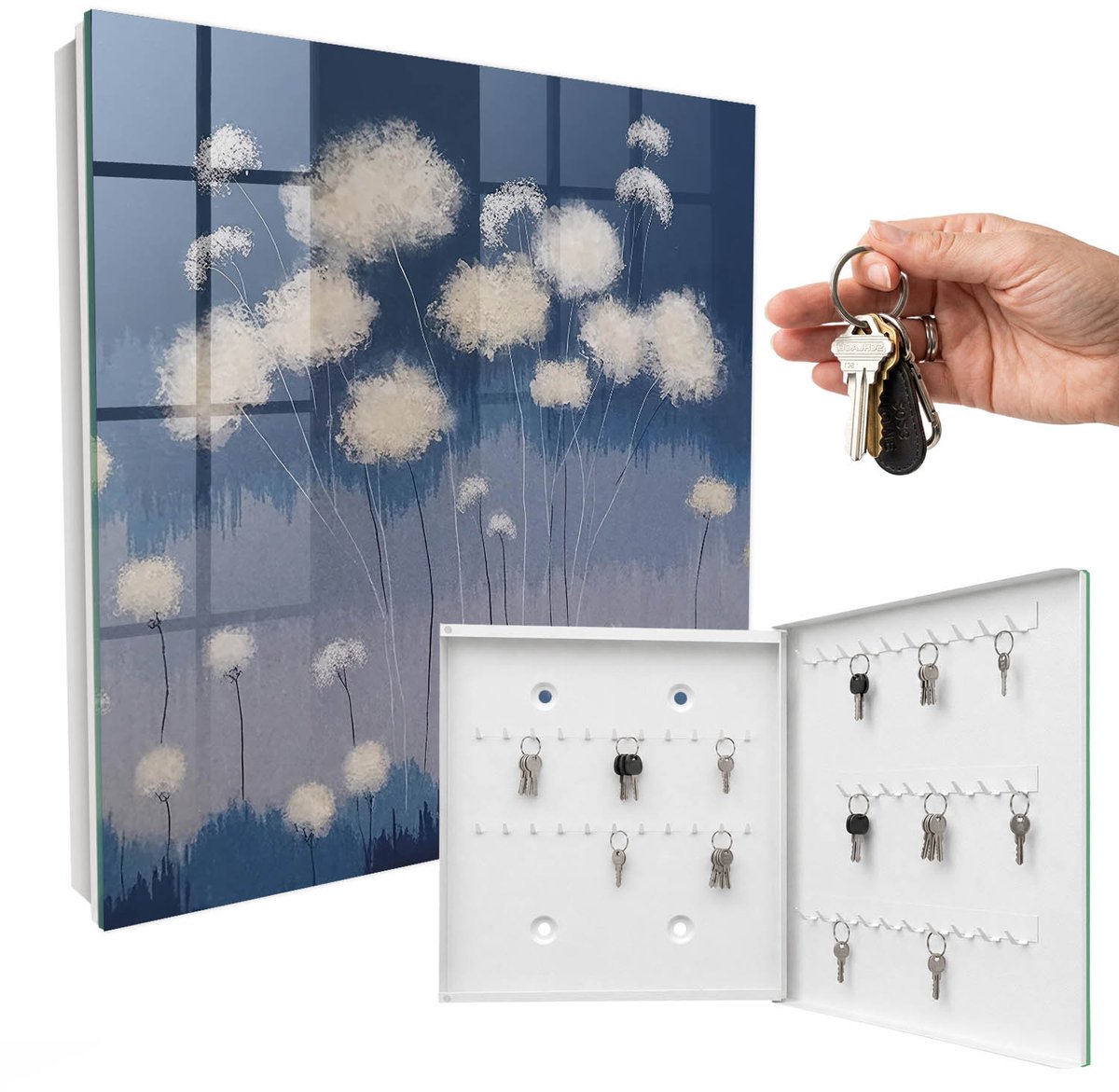 WallMuralia - Sleutelkast - 30x30x5 cm - met 50 haken - Paardenbloemen Design Sleutelkastje - Blauw Sleutelbox - Rechtsopenend - Wit interieur
