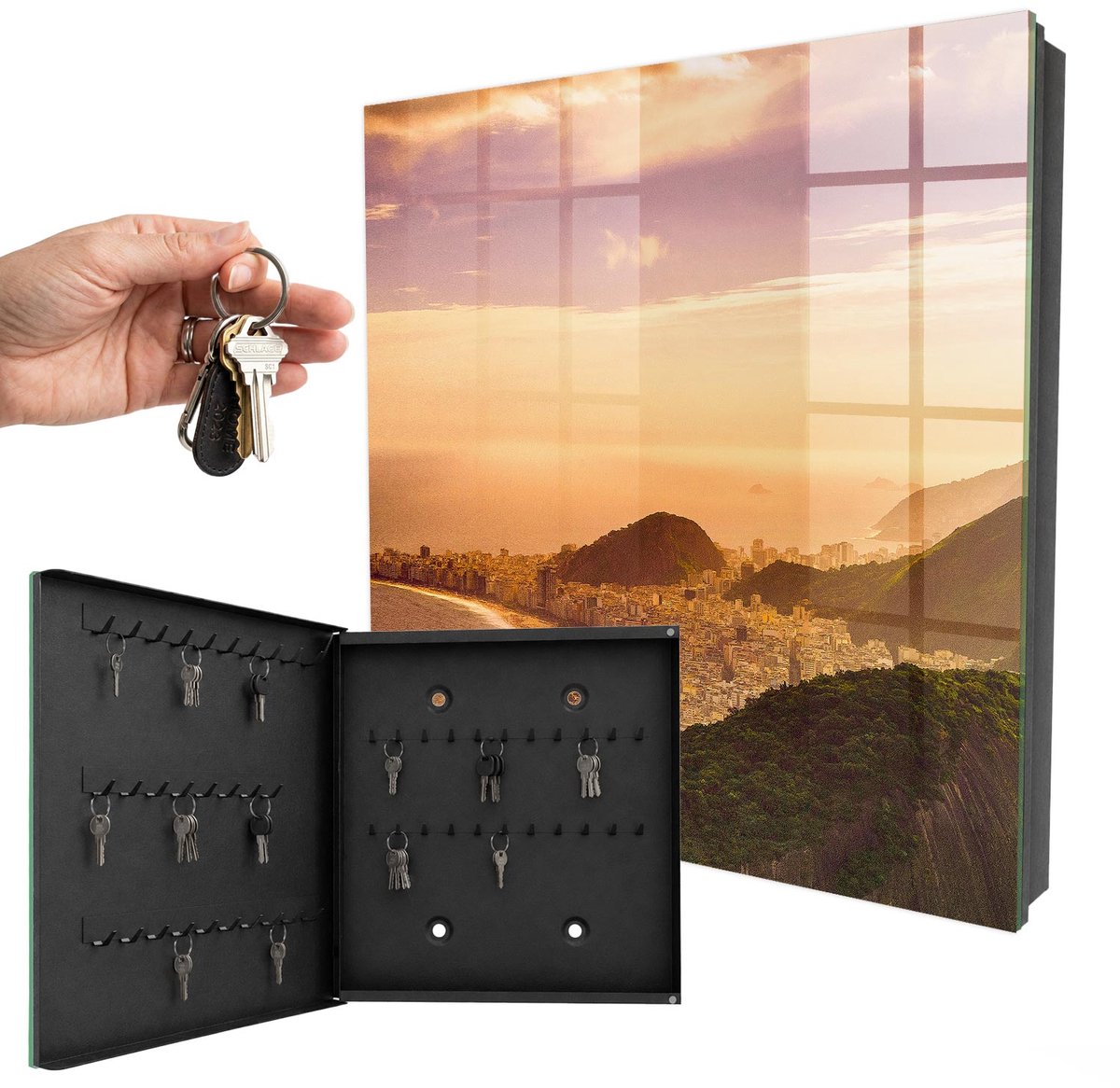 WallMuralia - Sleutelkast - 30x30x5 cm - met 50 haken - Stedelijke Harmonie Sleutelkastje Modern - Oranje Sleutelbox - Linksopenend - Zwart interieur