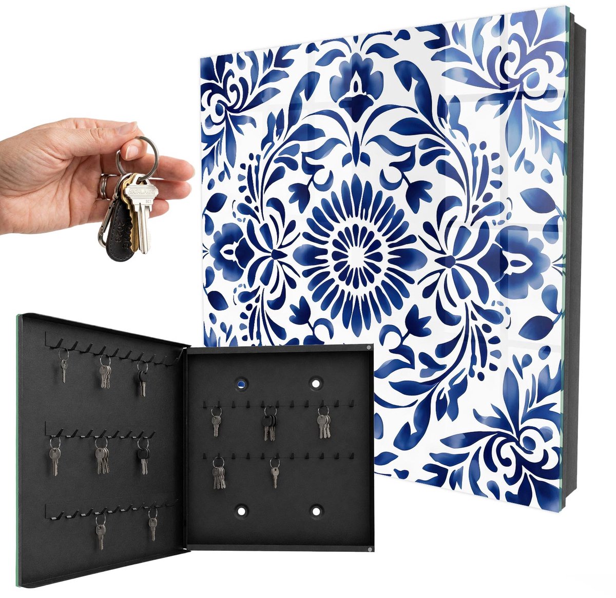 WallMuralia - Sleutelkast - 30x30x5 cm - met 50 haken - Bloemenornament Leuk Sleutelkastje - Blauw Sleutelbox - Linksopenend - Zwart interieur