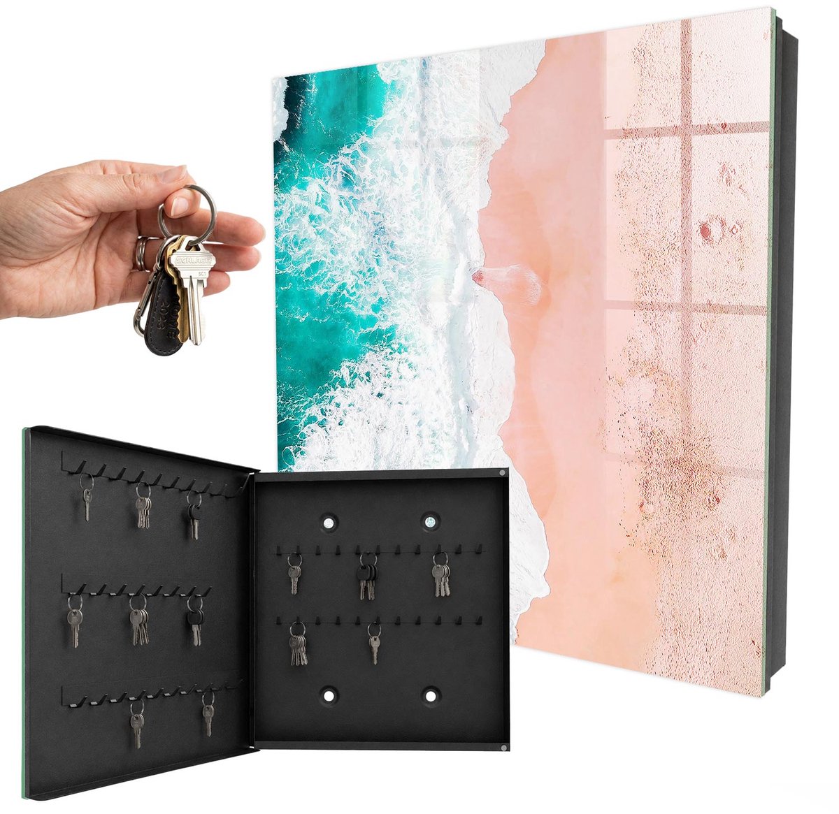 WallMuralia - Sleutelkast - 30x30x5 cm - met 50 haken - Oceaan En Strand Sleutelkastje Landelijk - Turkoois Sleutelbox - Linksopenend - Zwart interieur