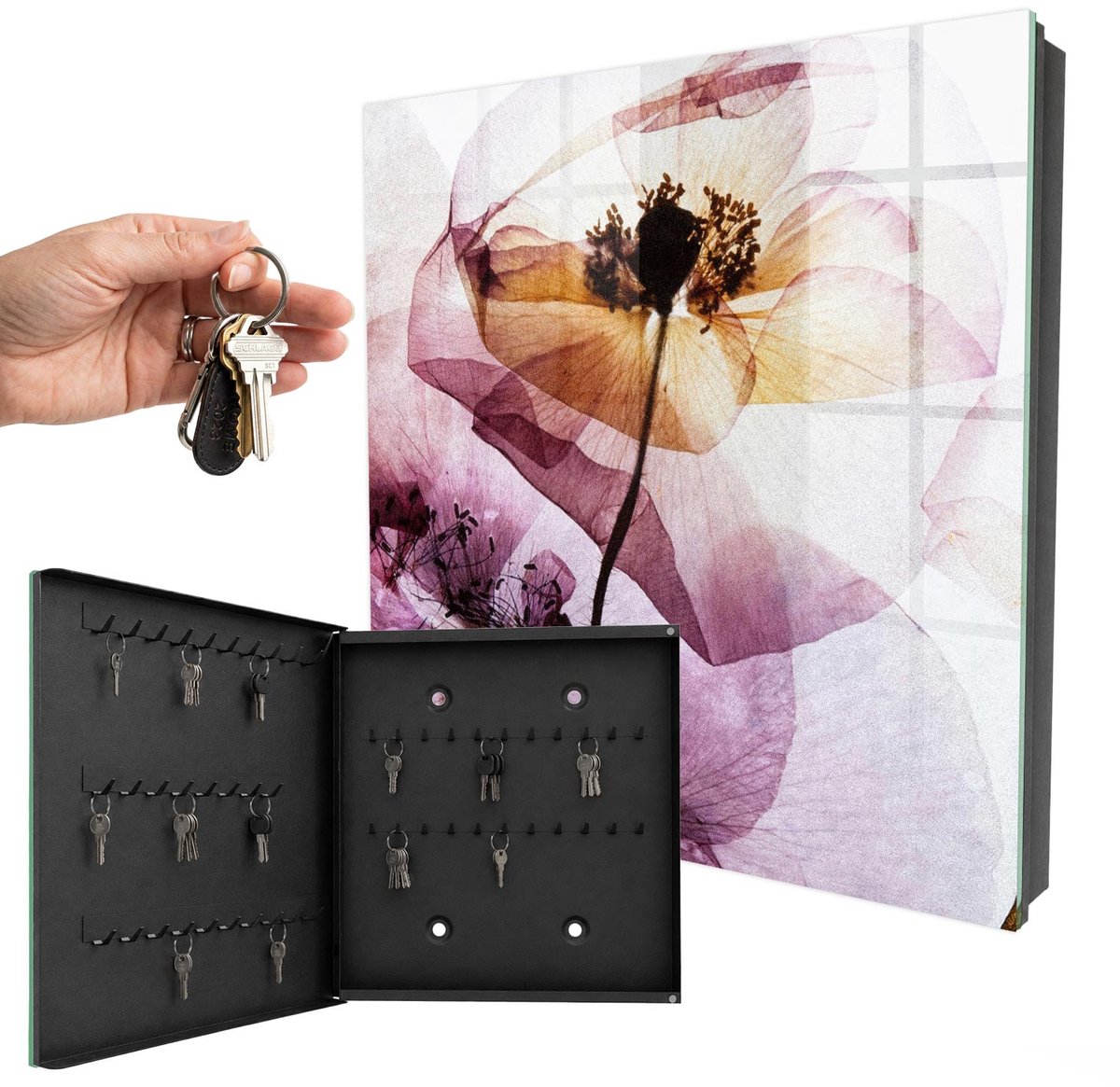 WallMuralia - Sleutelkast - 30x30x5 cm - met 50 haken - Bloemige Elegantie Sleutelkastje Gang - Paars Sleutelbox - Linksopenend - Zwart interieur
