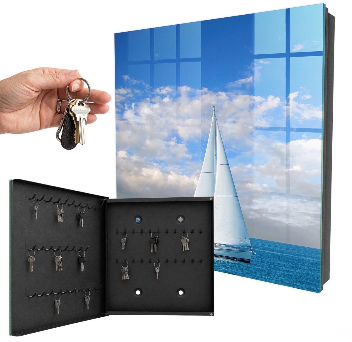 WallMuralia - Sleutelkast - 30x30x5 cm - met 50 haken - Zeeavontuur Sleutelkastje Modern - Blauw Sleutelbox - Linksopenend - Zwart interieur