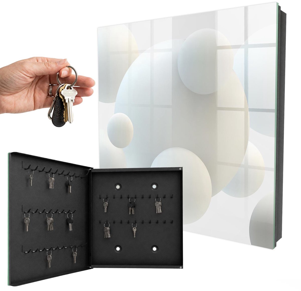 WallMuralia - Sleutelkast - 30x30x5 cm - met 50 haken - Delicate Ballen Sleutelkastje Landelijk - Wit Sleutelbox - Linksopenend - Zwart interieur