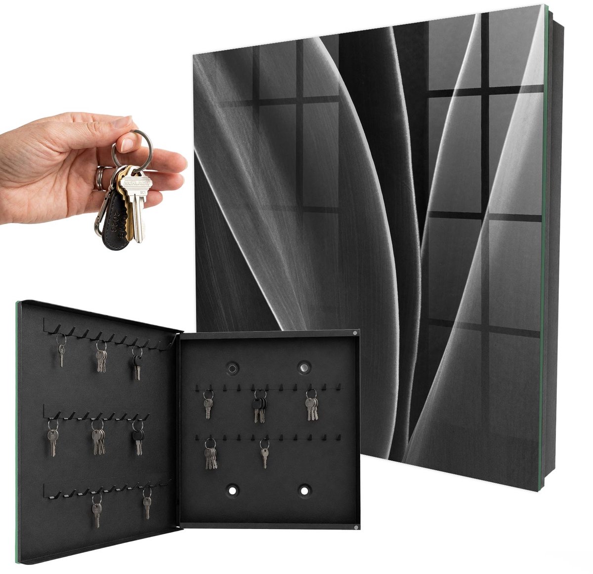 WallMuralia - Sleutelkast - 30x30x5 cm - met 50 haken - Abstracte Bladeren Design Sleutelkastje - Grijs Sleutelbox - Linksopenend - Zwart interieur