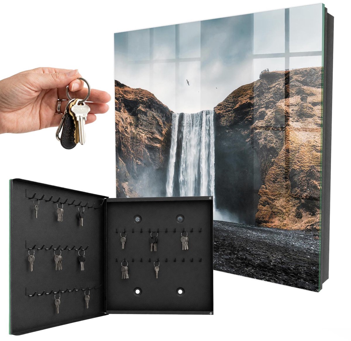WallMuralia - Sleutelkast - 30x30x5 cm - met 50 haken - De Kracht Van De Natuur Sleutelkastje - Bruin Sleutelbox - Linksopenend - Zwart interieur