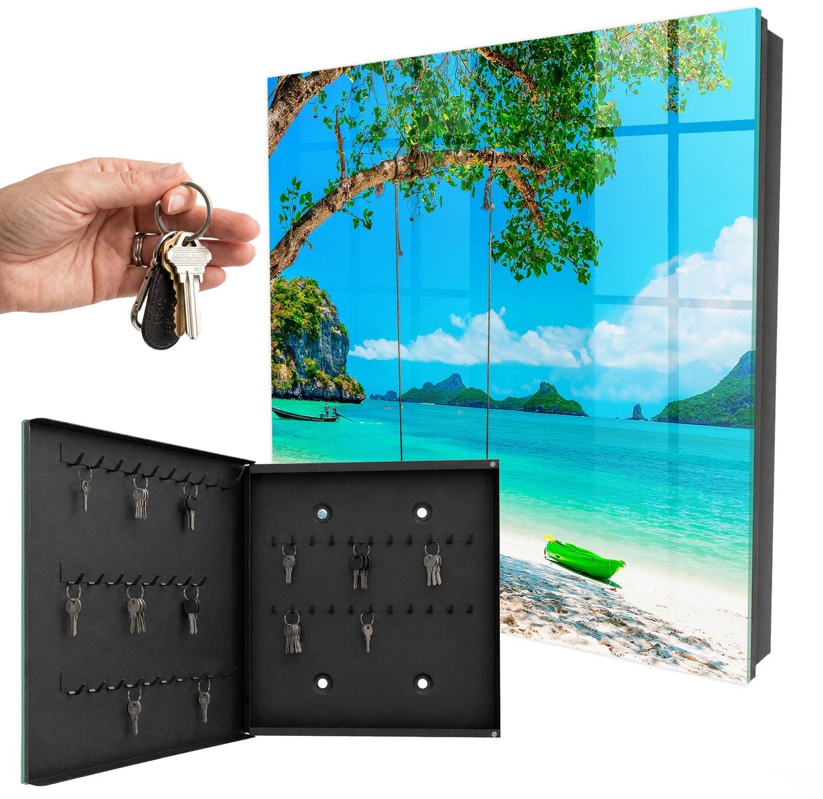 WallMuralia - Sleutelkast - 30x30x5 cm - met 50 haken - Tropisch Paradijs Sleutelkastje Landelijk - Turkoois Sleutelbox - Linksopenend - Zwart interieur