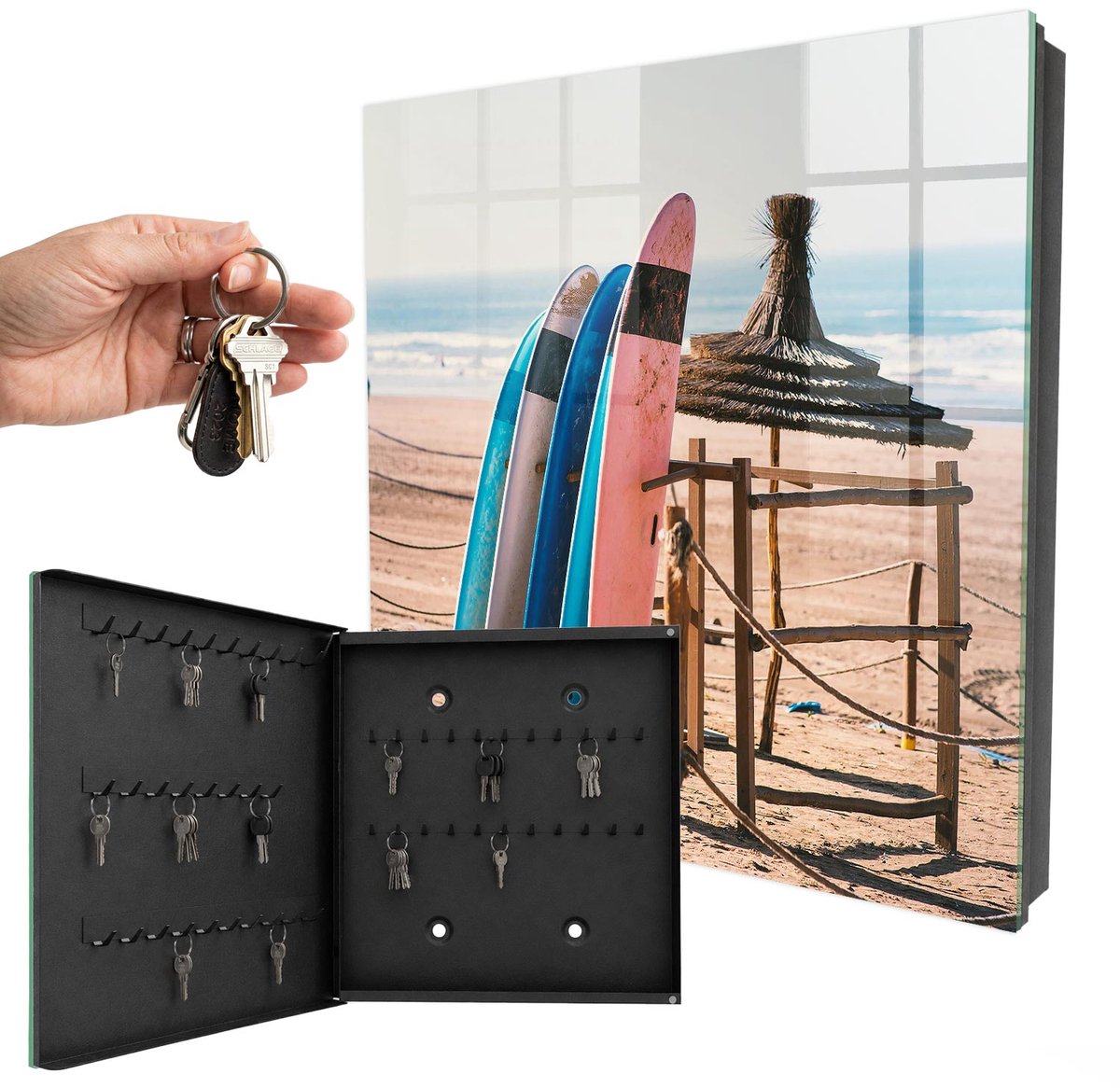 WallMuralia - Sleutelkast - 30x30x5 cm - met 50 haken - Strand Surfplanken Groot Sleutelkastje - Blauw Sleutelbox - Linksopenend - Zwart interieur