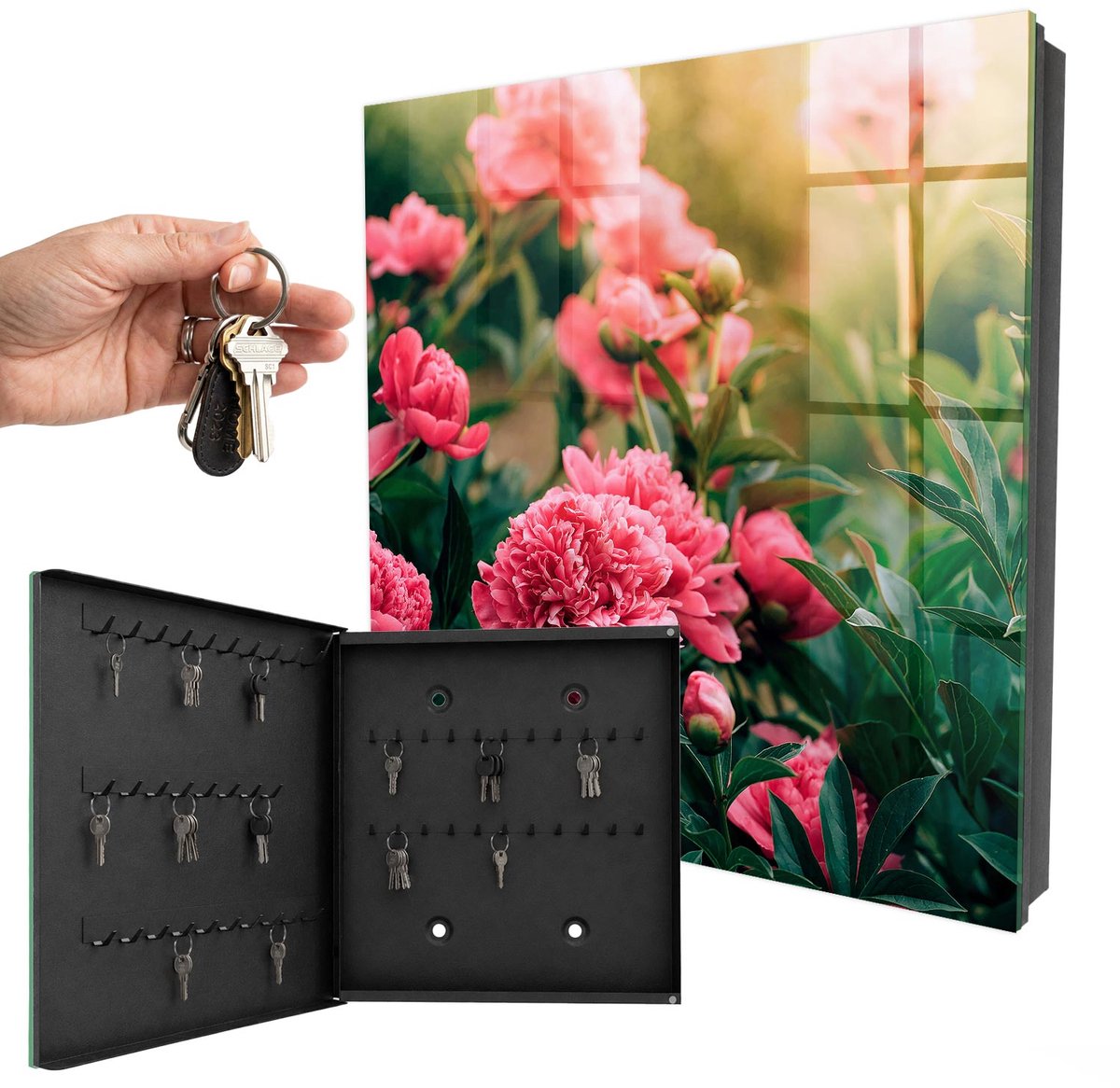 WallMuralia - Sleutelkast - 30x30x5 cm - met 50 haken - Roze Pioenrozen Sleutelkastje Klein - Roze Sleutelbox - Linksopenend - Zwart interieur