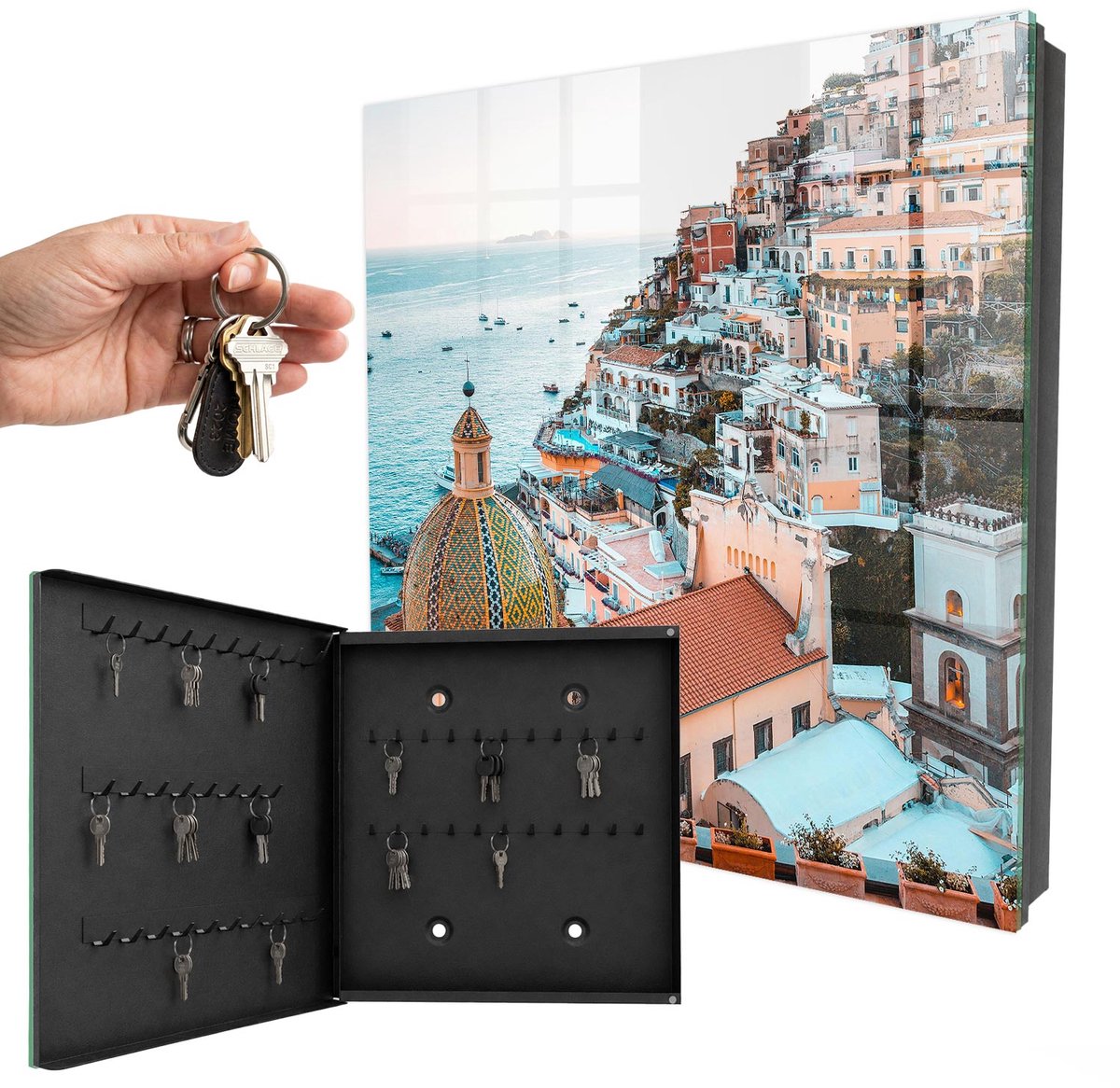 WallMuralia - Sleutelkast - 30x30x5 cm - met 50 haken - Mediterrane Charme Sleutelkastje Hal - Oranje Sleutelbox - Linksopenend - Zwart interieur