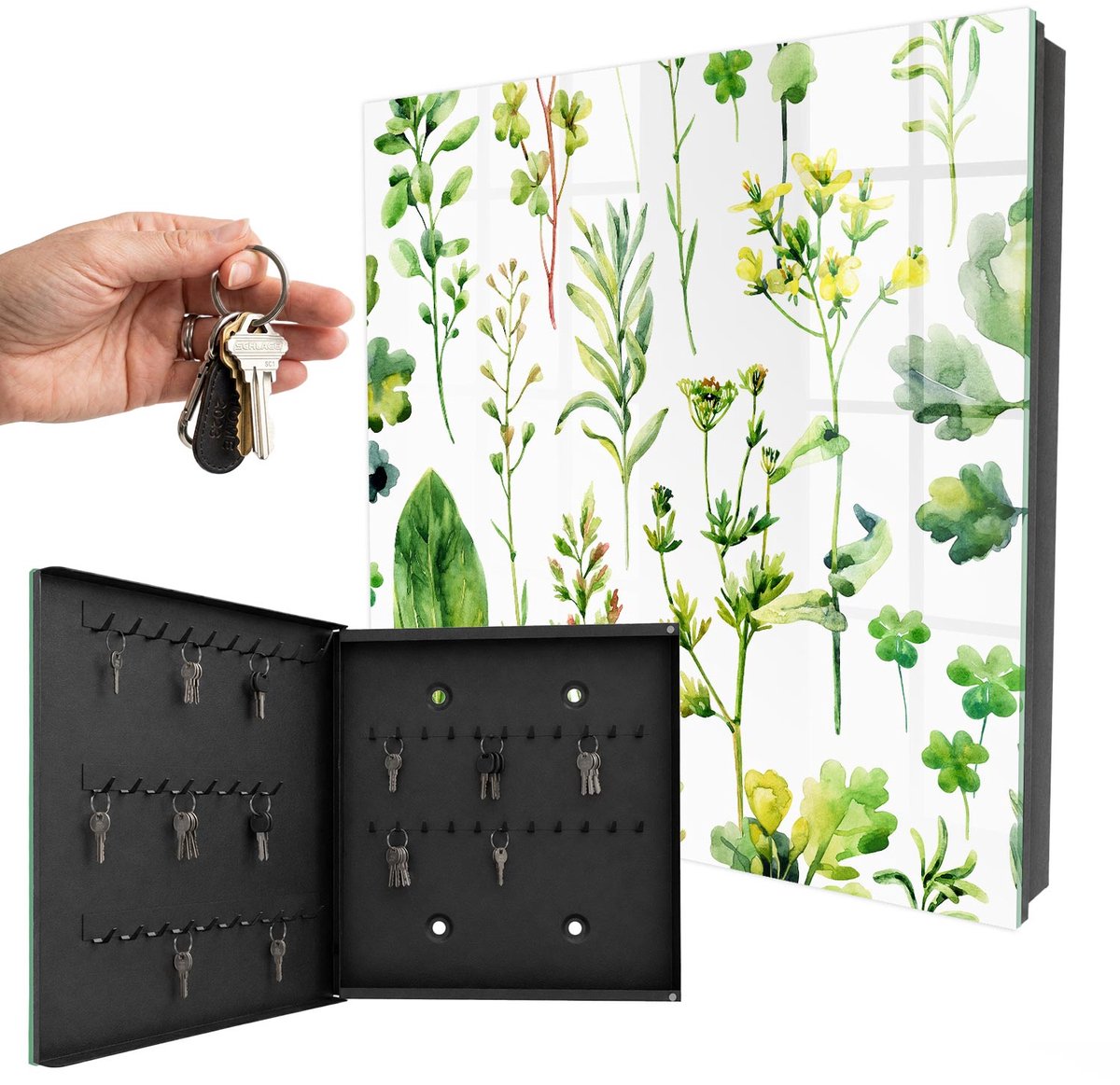 WallMuralia - Sleutelkast - 30x30x5 cm - met 50 haken - Plantenaquarel Sleutelkastje Binnen - Groente Sleutelbox - Linksopenend - Zwart interieur