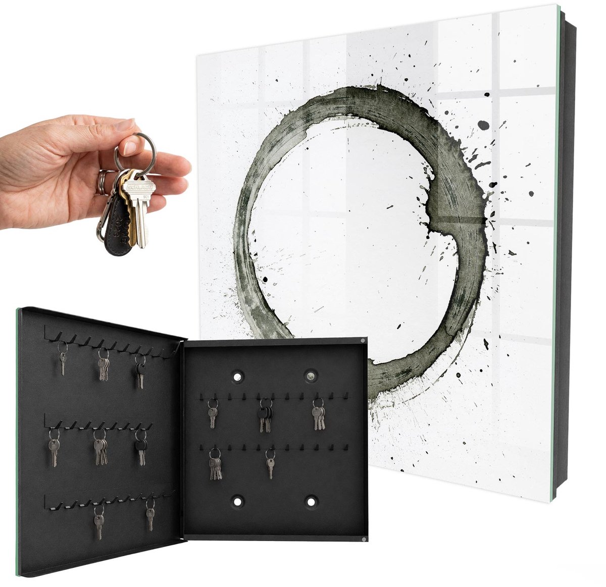 WallMuralia - Sleutelkast - 30x30x5 cm - met 50 haken - Zen-Cirkel Groot Sleutelkastje - Wit Sleutelbox - Linksopenend - Zwart interieur