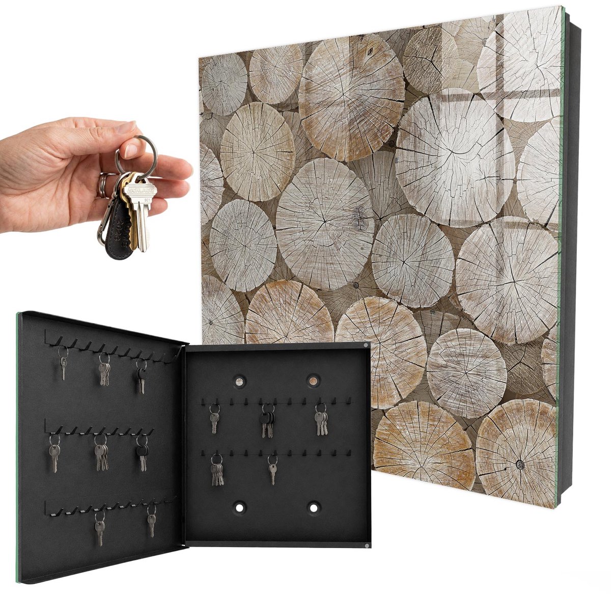 WallMuralia - Sleutelkast - 30x30x5 cm - met 50 haken - Houten Cirkels Sleutelkastje Huis - Beige Sleutelbox - Linksopenend - Zwart interieur