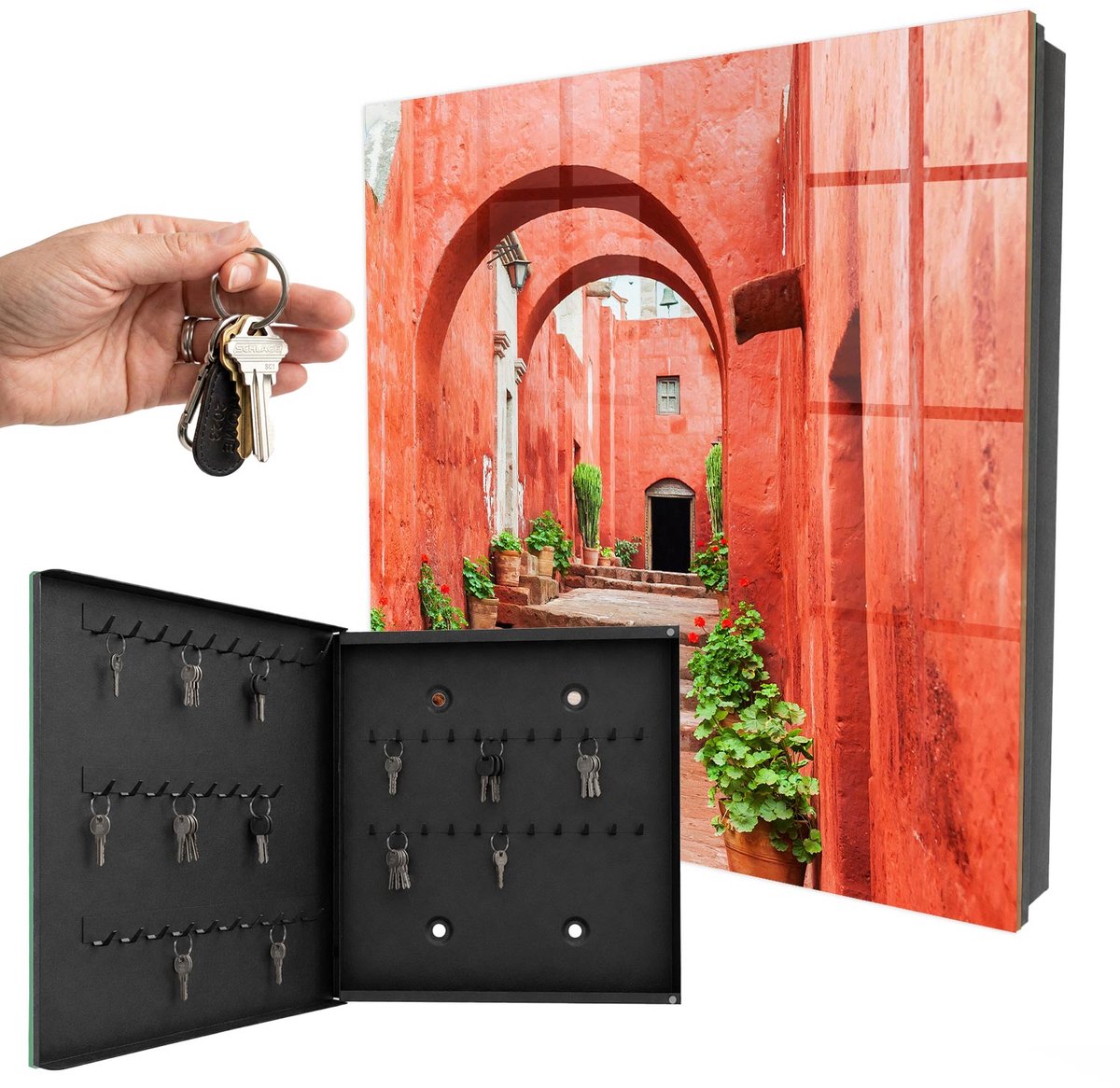 WallMuralia - Sleutelkast - 30x30x5 cm - met 50 haken - Rode Straat Sleutelkastje Muur - Rood Sleutelbox - Linksopenend - Zwart interieur