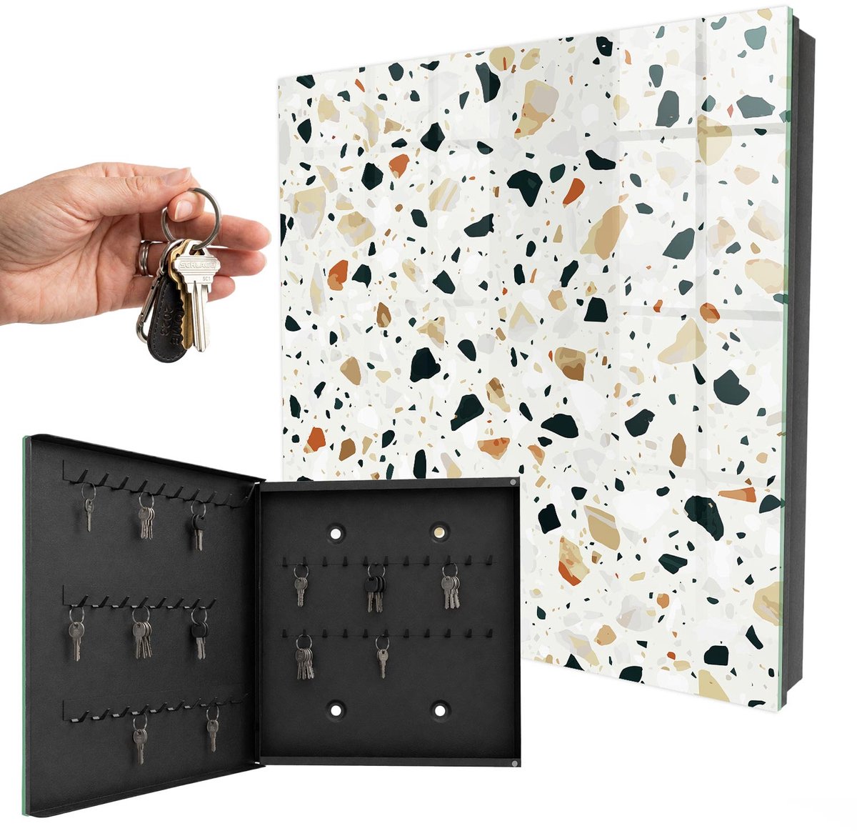 WallMuralia - Sleutelkast - 30x30x5 cm - met 50 haken - Terrazzo-Patroon Groot Sleutelkastje - Grijs Sleutelbox - Linksopenend - Zwart interieur