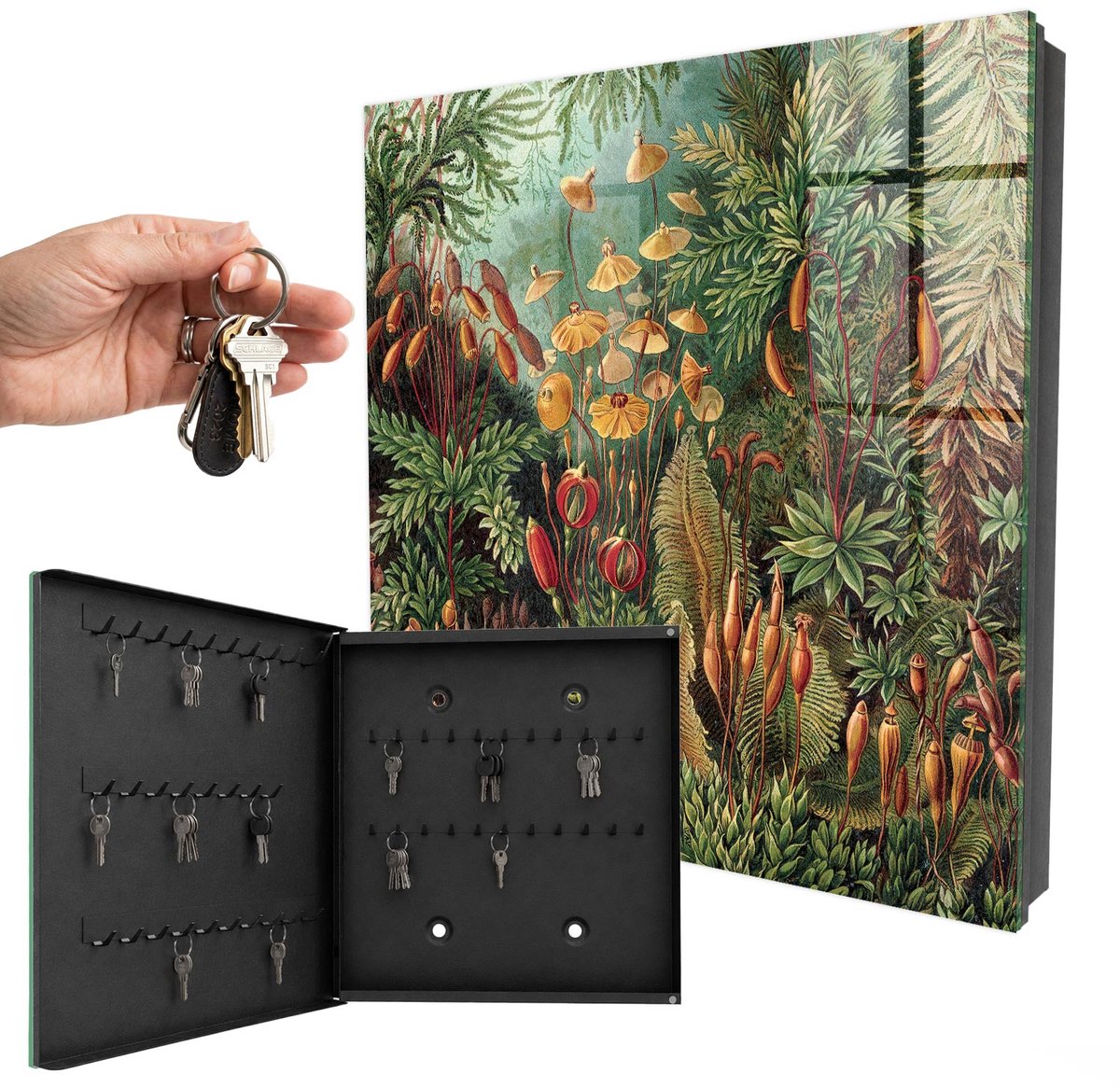 WallMuralia - Sleutelkast - 30x30x5 cm - met 50 haken - Groene Bladeren Leuk Sleutelkastje - Groente Sleutelbox - Linksopenend - Zwart interieur
