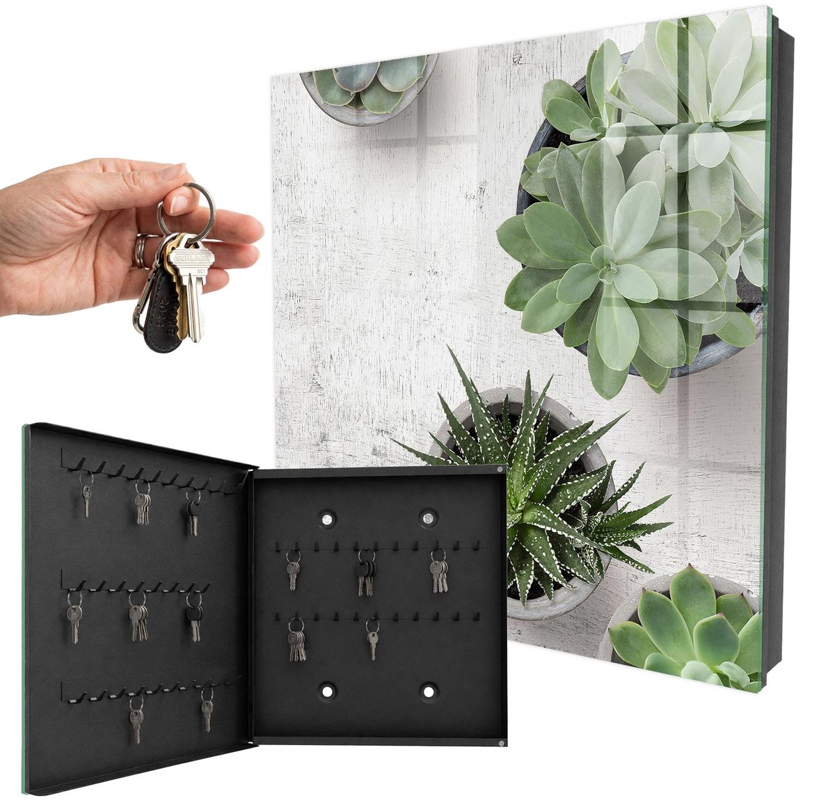 WallMuralia - Sleutelkast - 30x30x5 cm - met 50 haken - Groene Vetplanten Sleutelkastje Gang - Groente Sleutelbox - Linksopenend - Zwart interieur