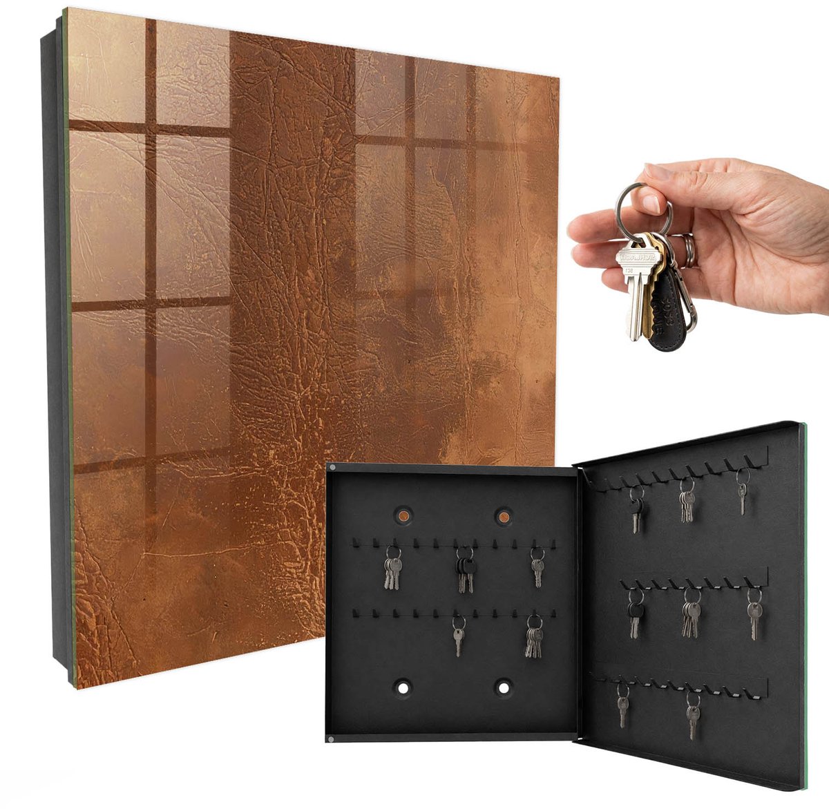 WallMuralia - Sleutelkast - 30x30x5 cm - met 50 haken - Huidtextuur Sleutelkastje Landelijk - Bruin Sleutelbox - Rechtsopenend - Zwart interieur