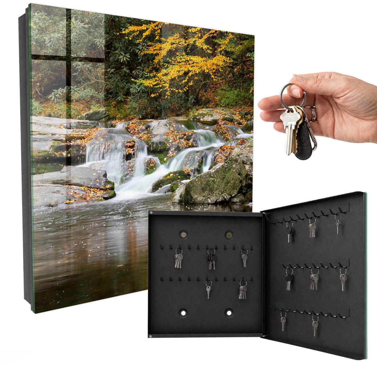 WallMuralia - Sleutelkast - 30x30x5 cm - met 50 haken - Herfstverfrissing Sleutelkastje Design - Geel Sleutelbox - Rechtsopenend - Zwart interieur